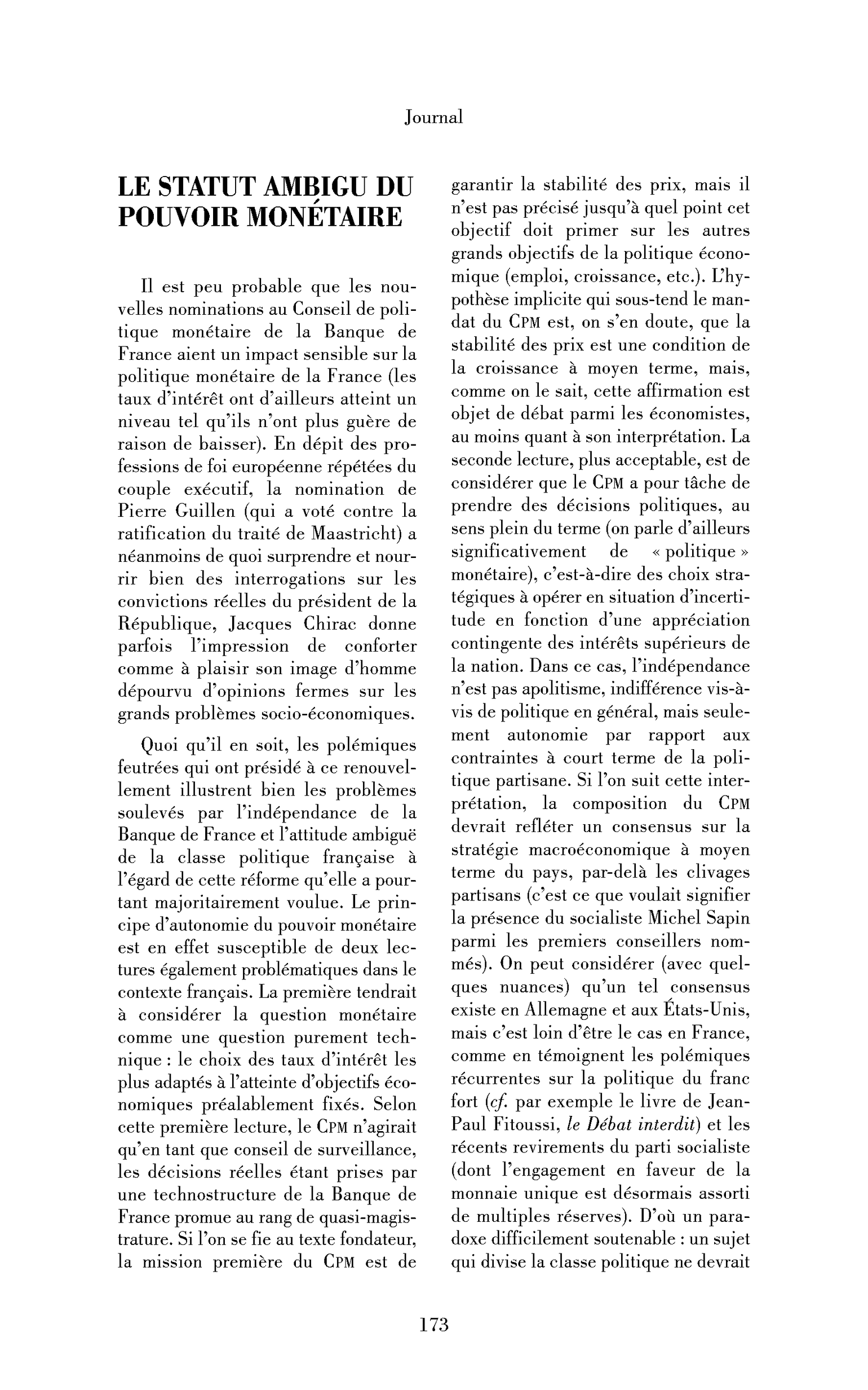 Le statut ambigu du pouvoir monétaire