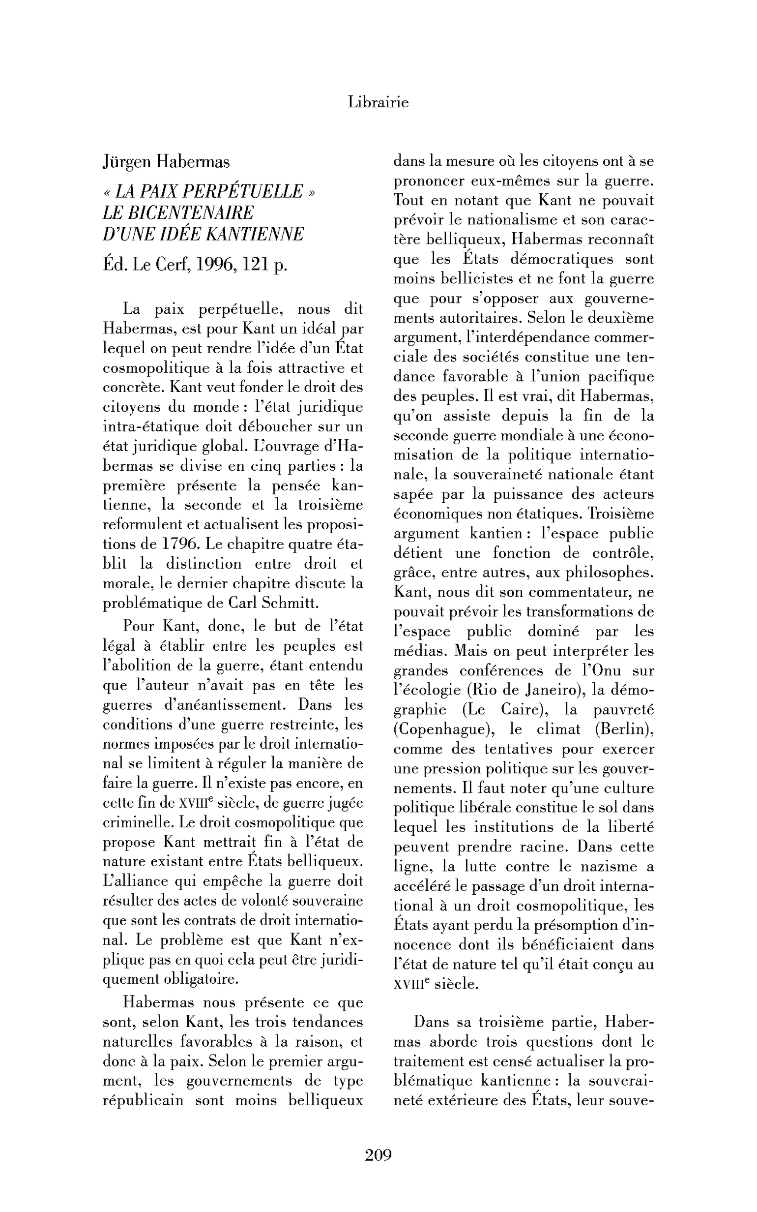 J. Habermas, La Paix perpétuelle. Bicentenaire d’une idée kantienne
