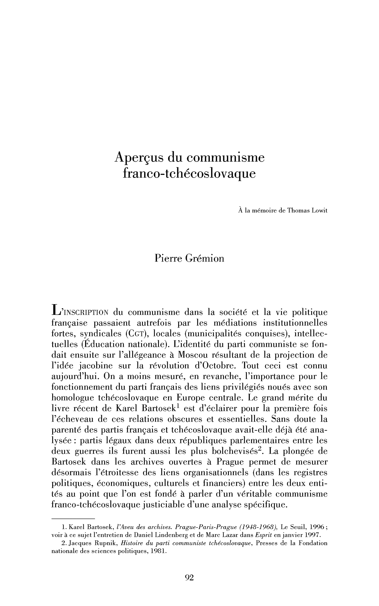 Aperçus du communisme franco-tchécoslovaque