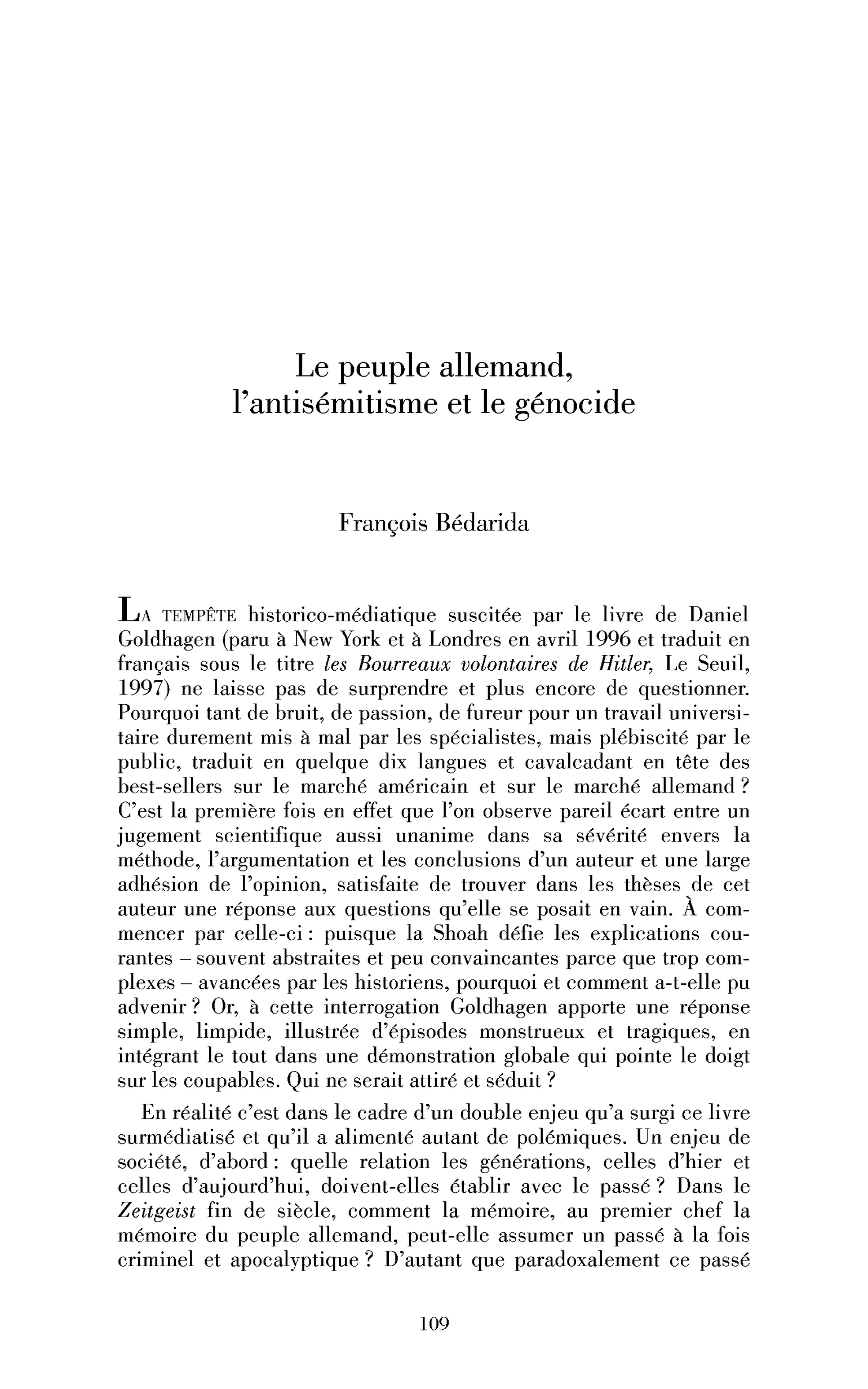 Le peuple allemand, l’antisémitisme et le génocide