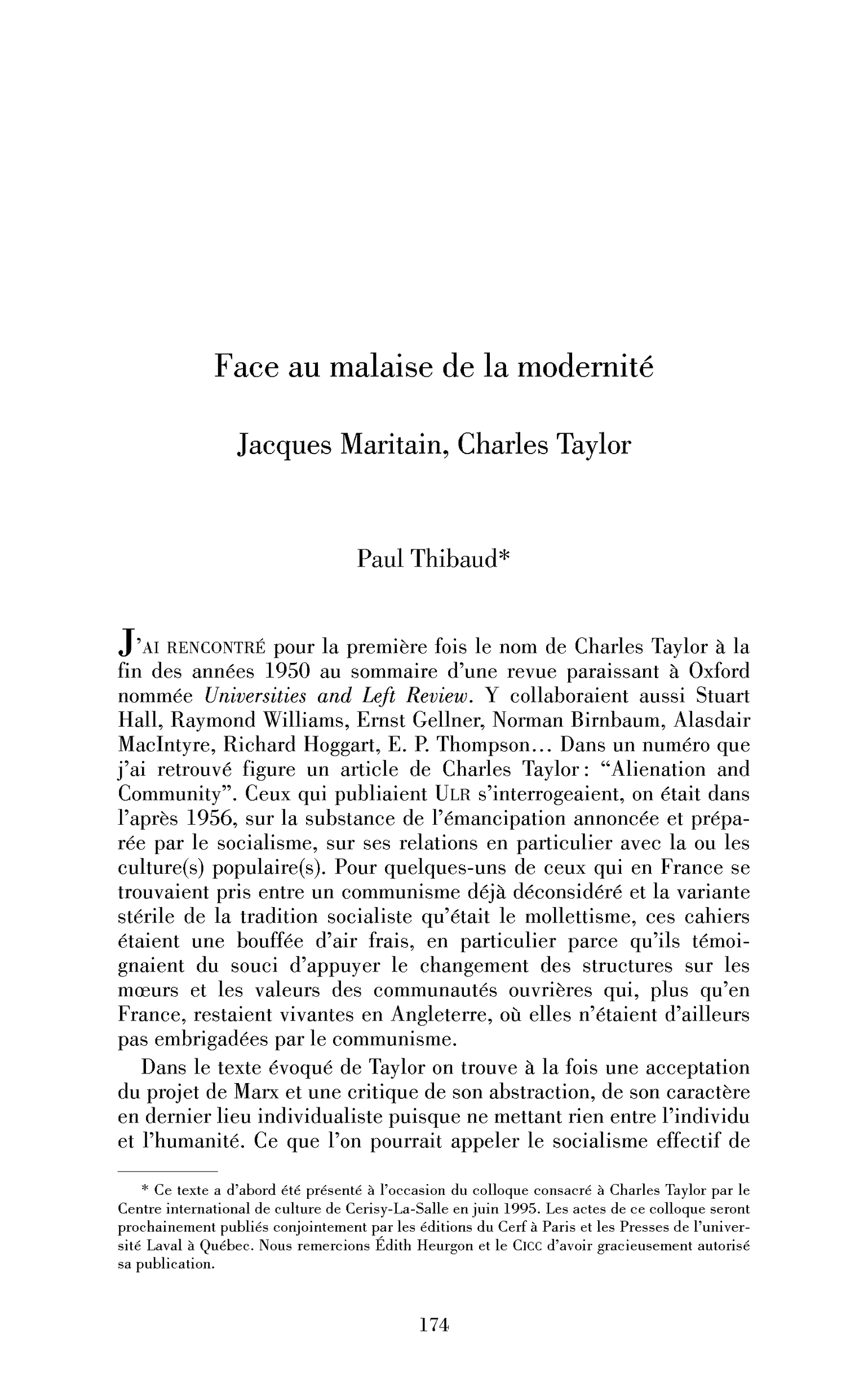 Face au malaise de la modernité : Charles Taylor, Jacques Maritain