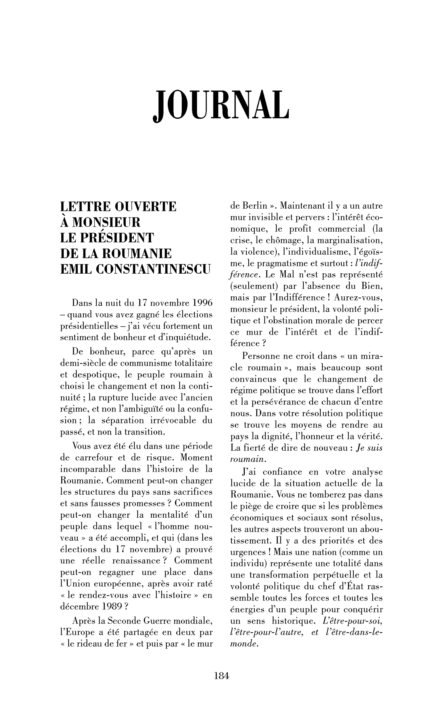 Lettre ouverte à Emil Constantinescu