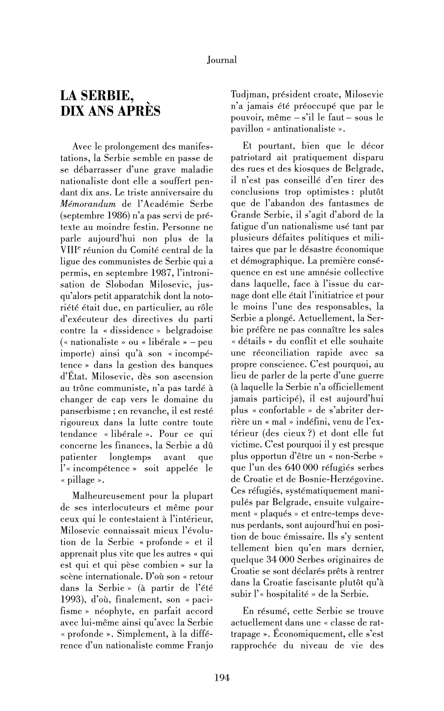 La Serbie, dix ans après