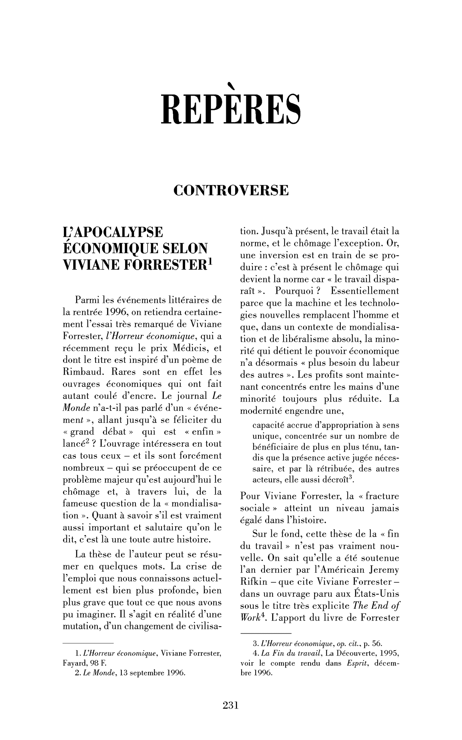 L’apocalypse économique selon Viviane Forrester