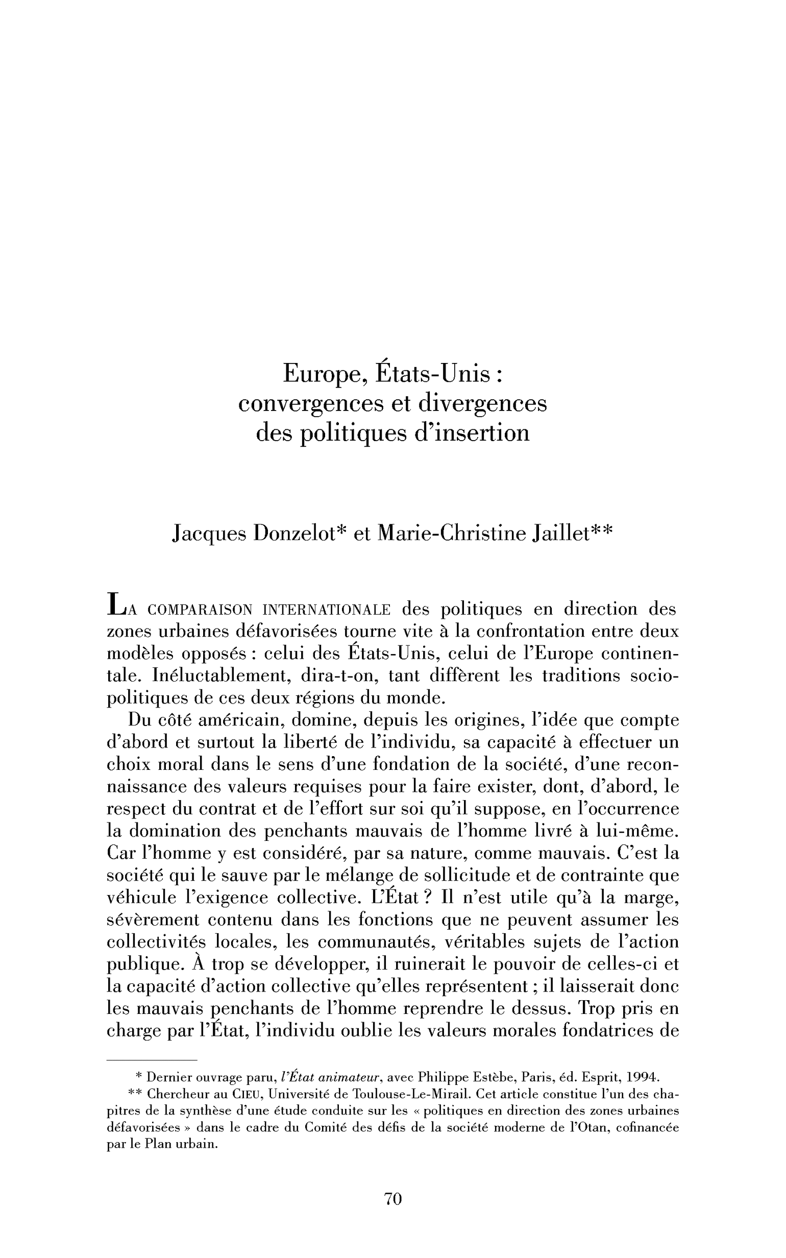 Europe, États-Unis : convergences et divergences des politiques d’insertion