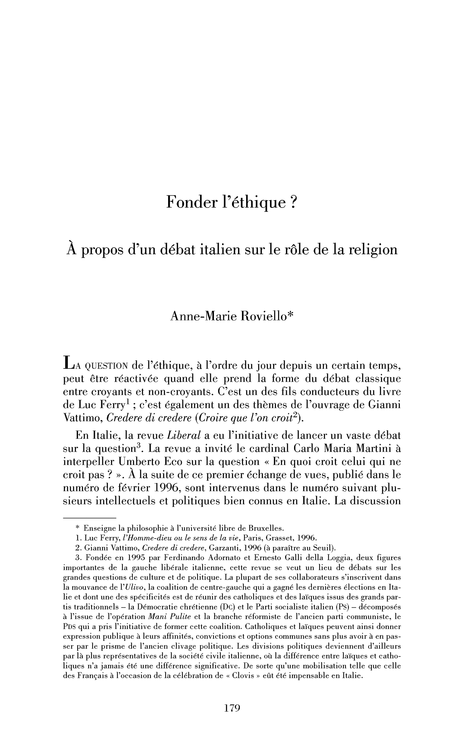 Fonder l’éthique. À propos d’un débat italien sur le rôle de la religion