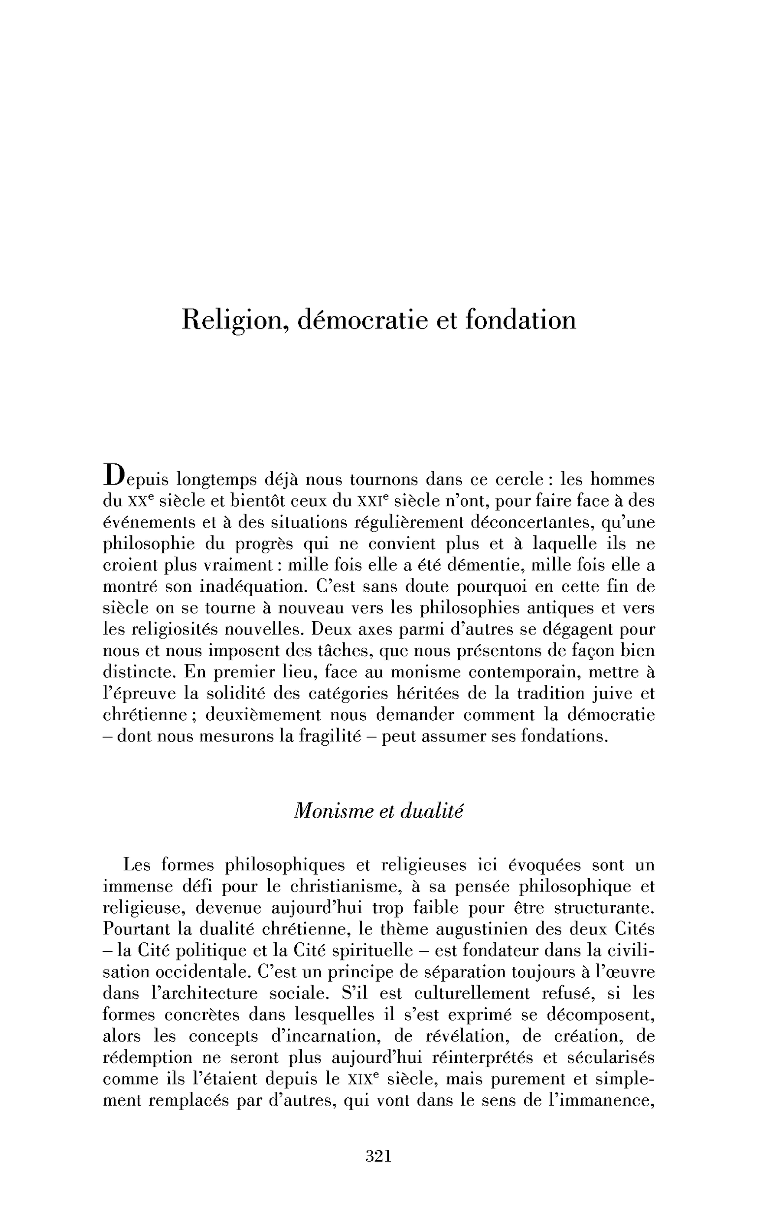 Religion, démocratie et fondation