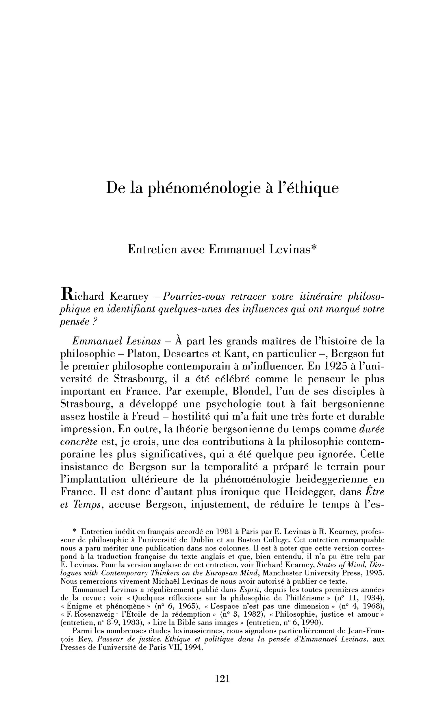 De la phénoménologie à l’éthique. Entretien avec Levinas