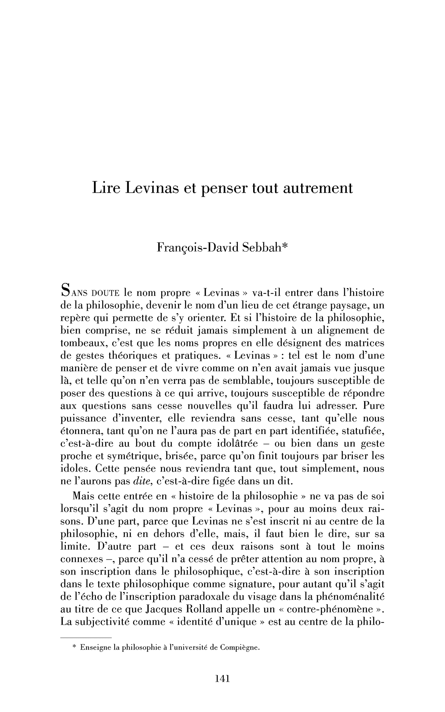 Lire Levinas et penser tout autrement