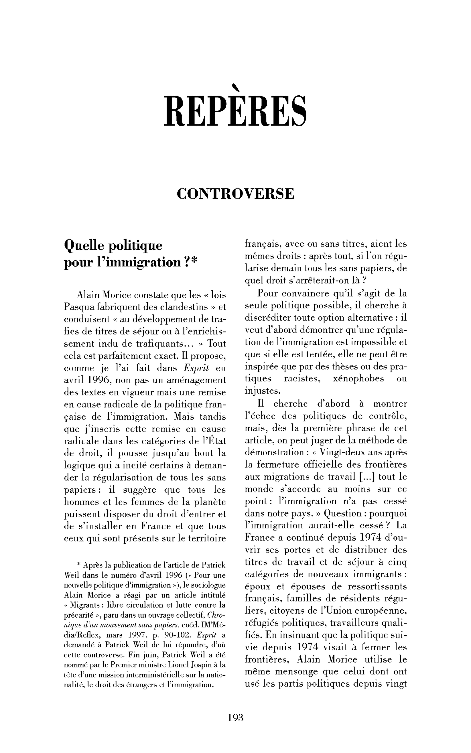 Quelle politique de l’immigration?
