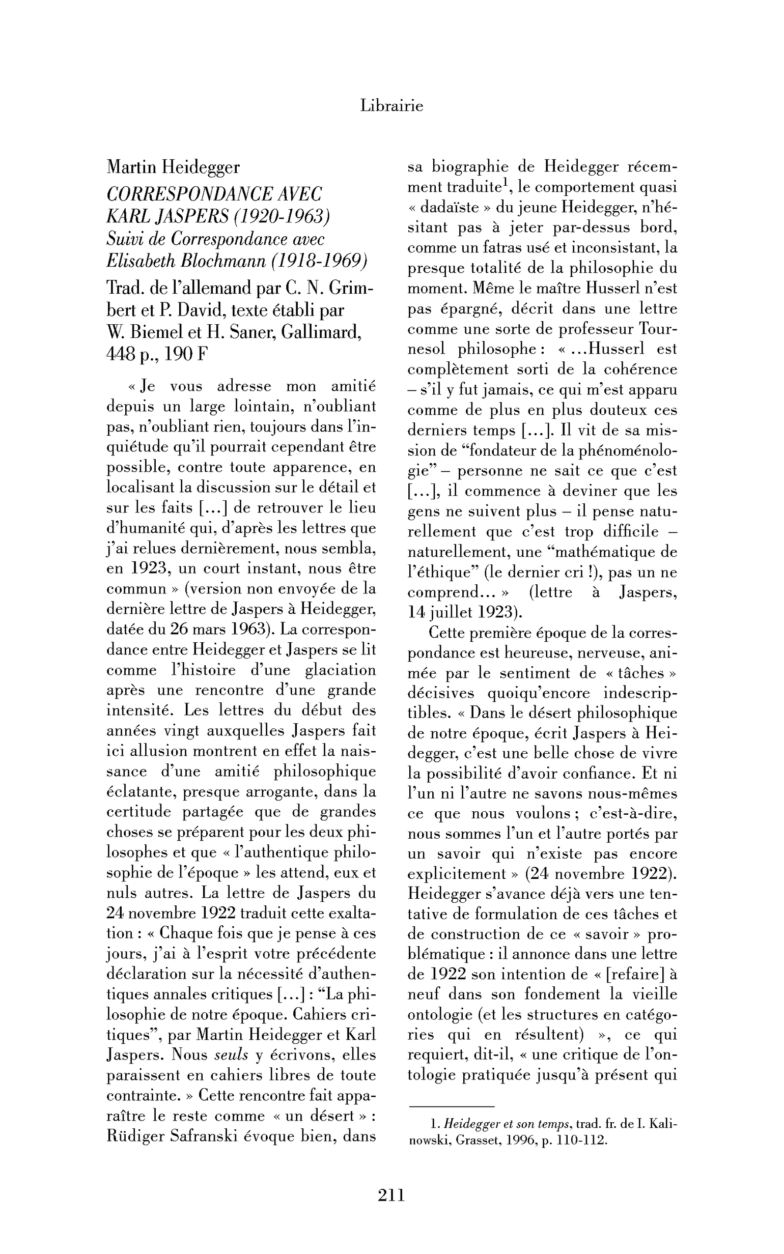 Martin Heidegger : Correspondance avec Karl Jaspers (1920-1963). Suivi de Correspondance avec Elisabeth Blochmann (1918-1969)