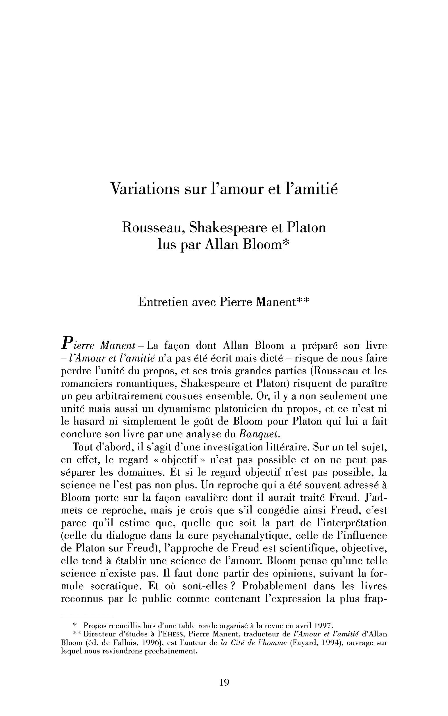 Variations sur l’amour et l’amitié. Rousseau, Shakespeare et Platon lus par Allan Bloom. (Entretien)