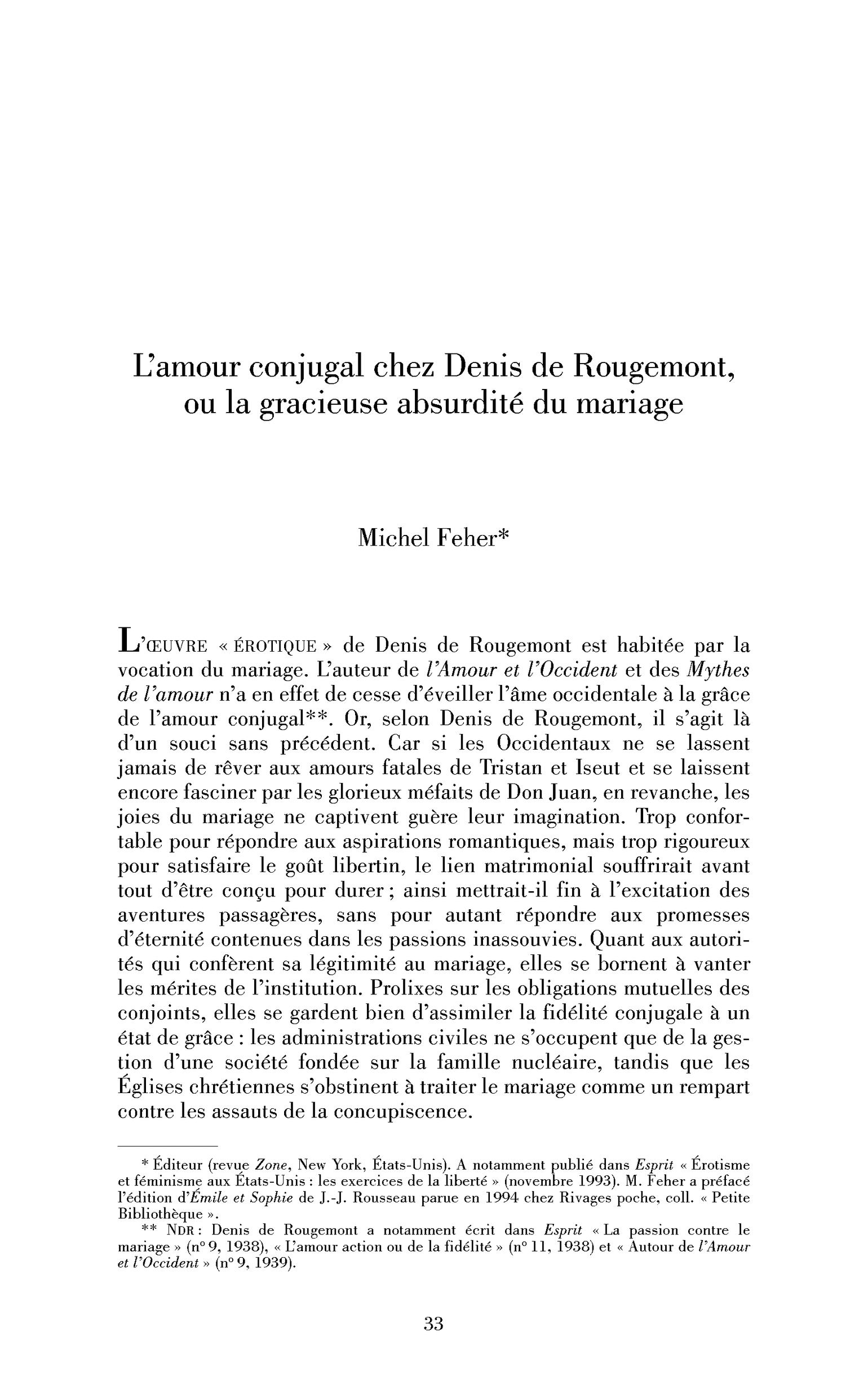 L’amour conjugal chez Denis de Rougemont, ou la gracieuse absurdité du mariage