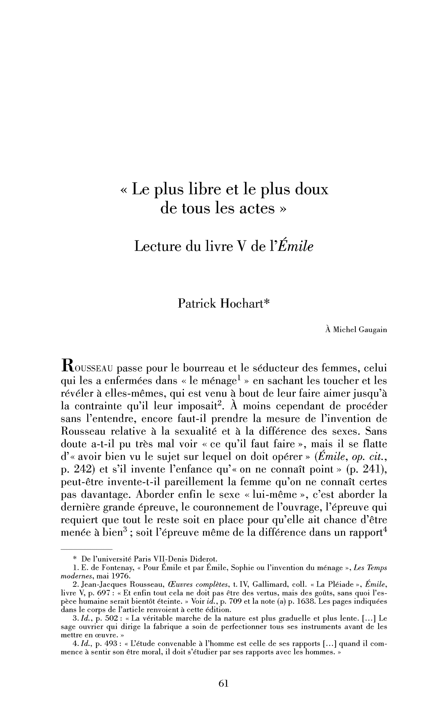 “Le plus libre et le plus doux de tous les actes.” Lecture du livre V de l’Émile