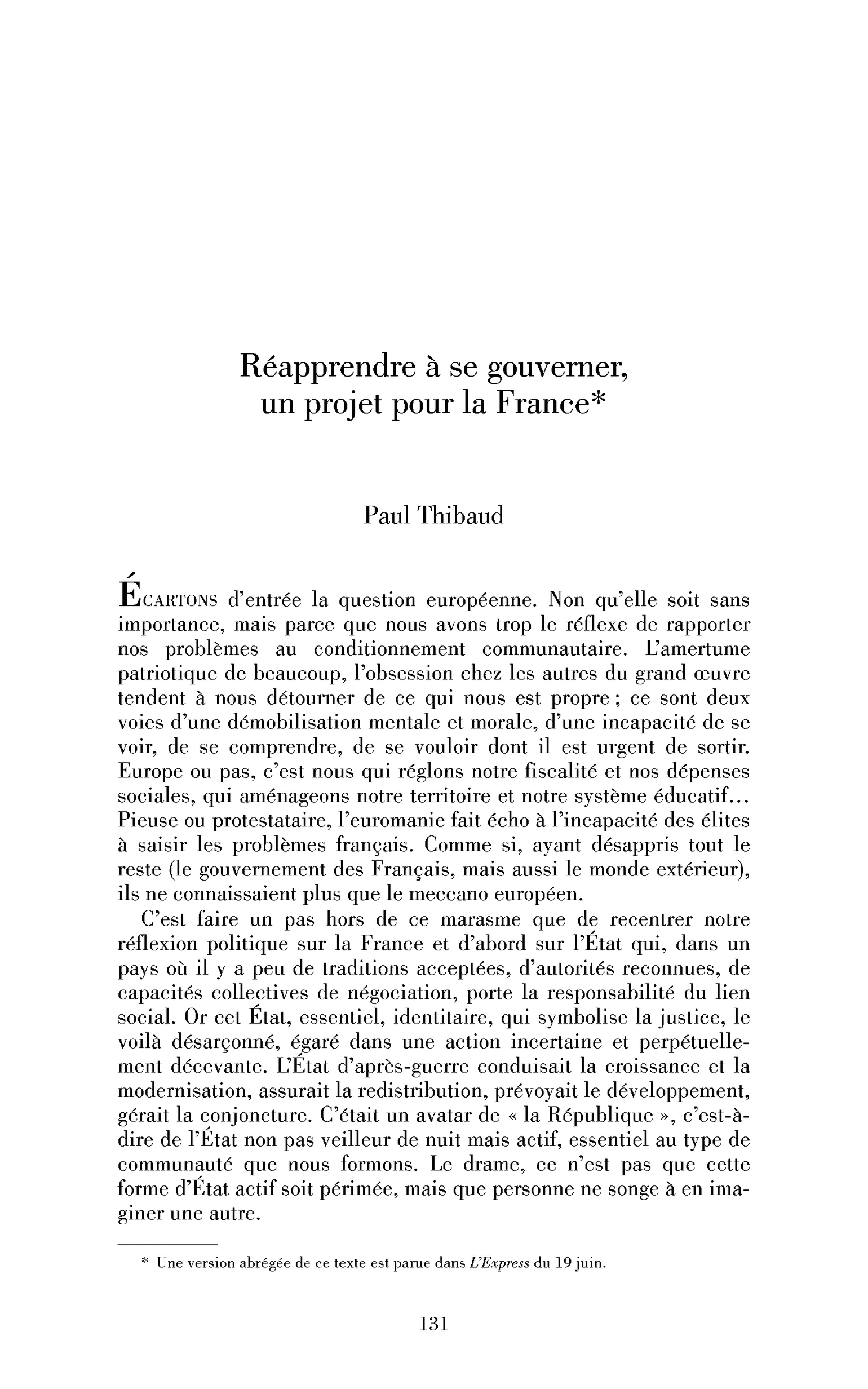 Réapprendre à se gouverner, un projet pour la France