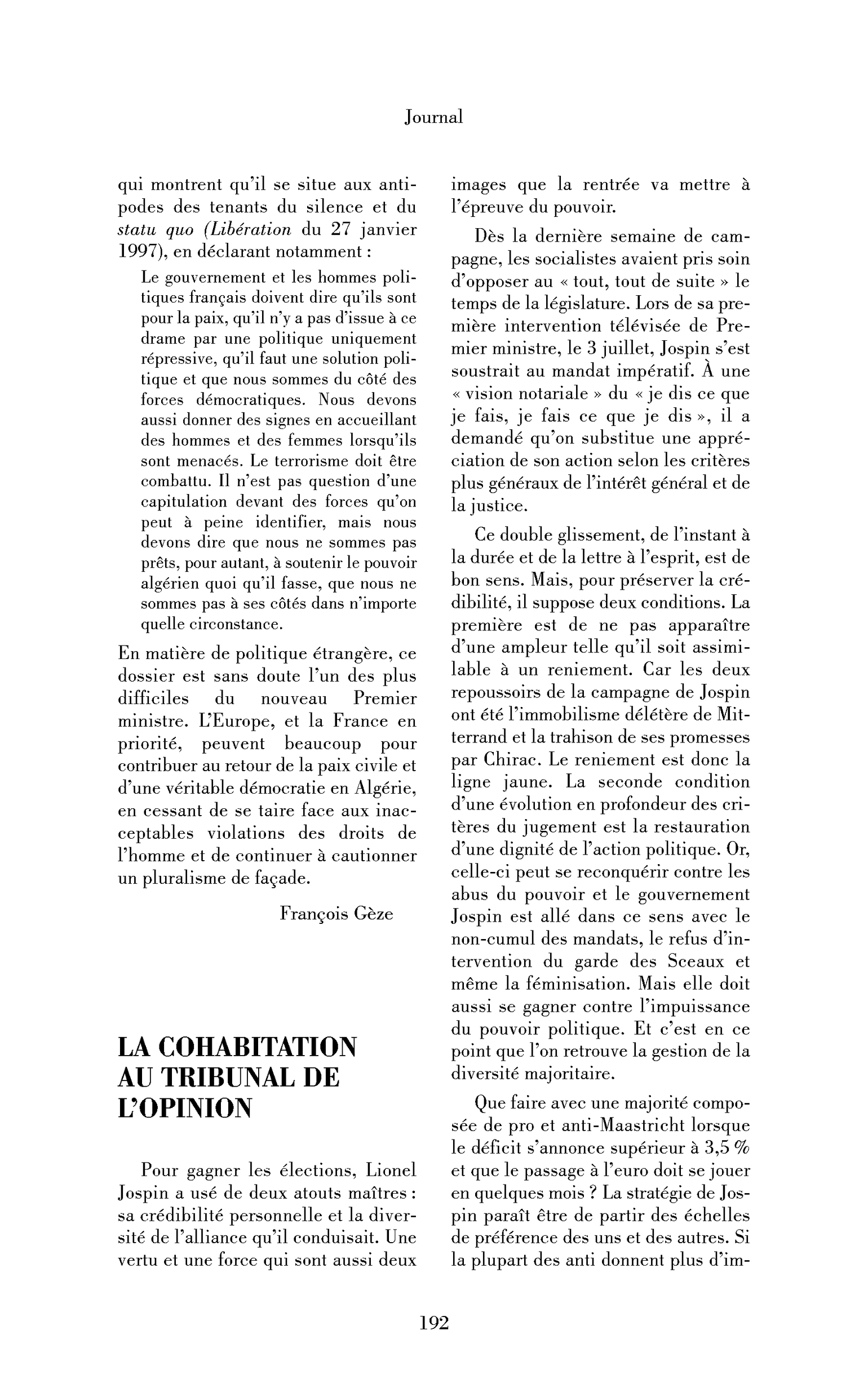 La cohabitation au tribunal de l’opinion
