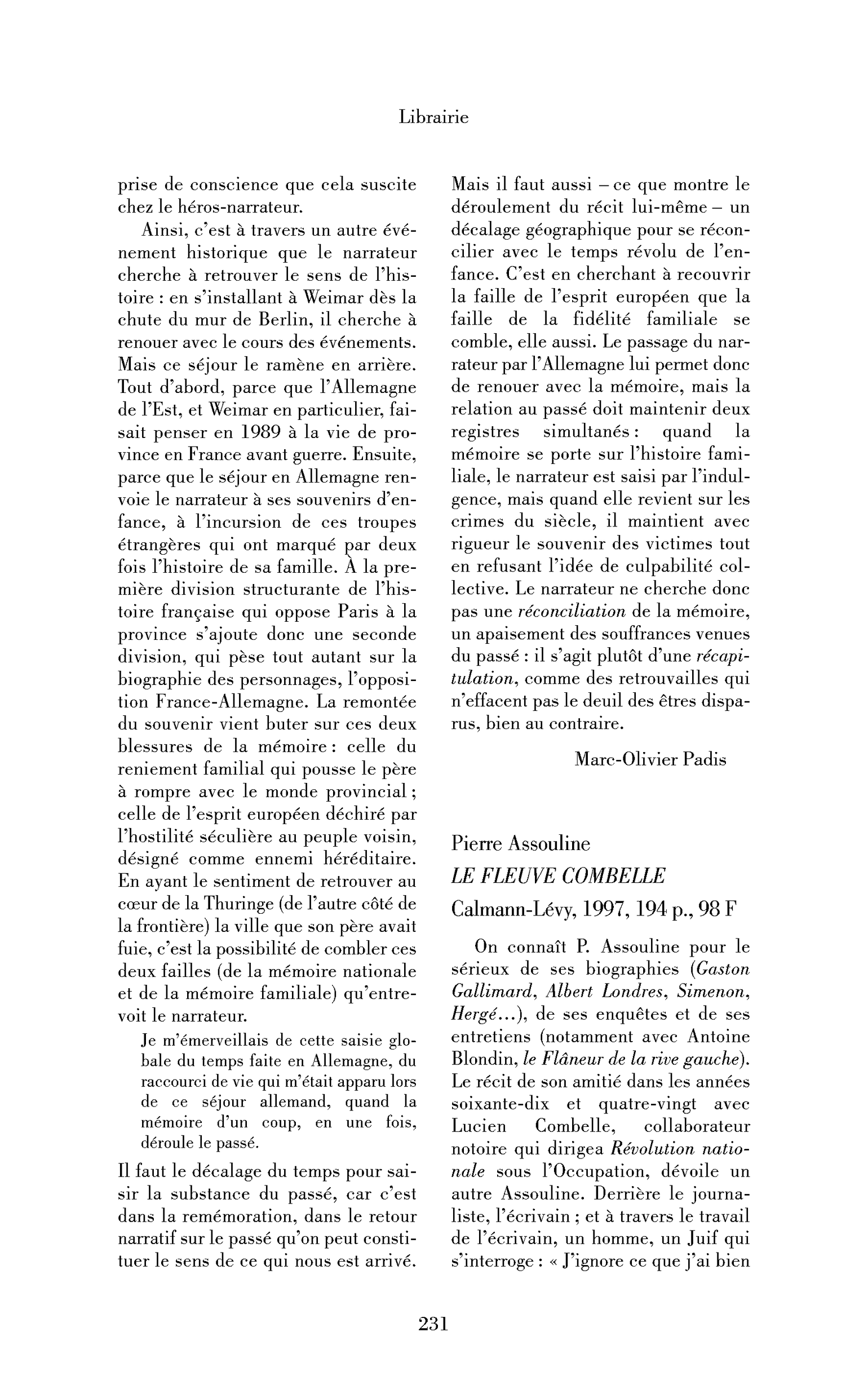 Pierre Assouline : le Fleuve Combelle