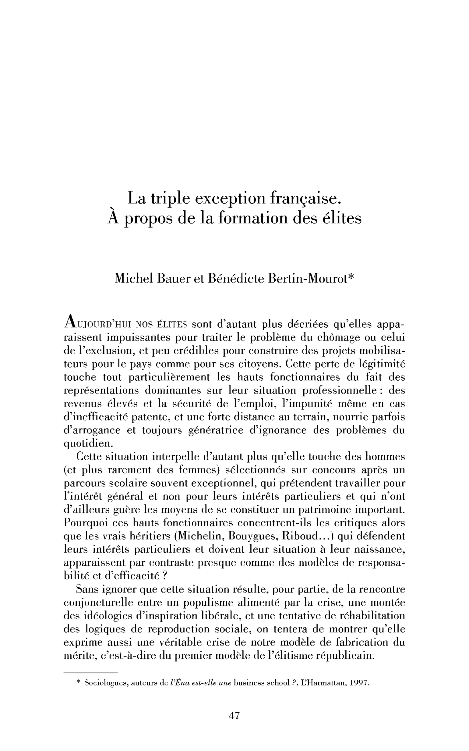 La triple exception française. À propos de la formation des élites