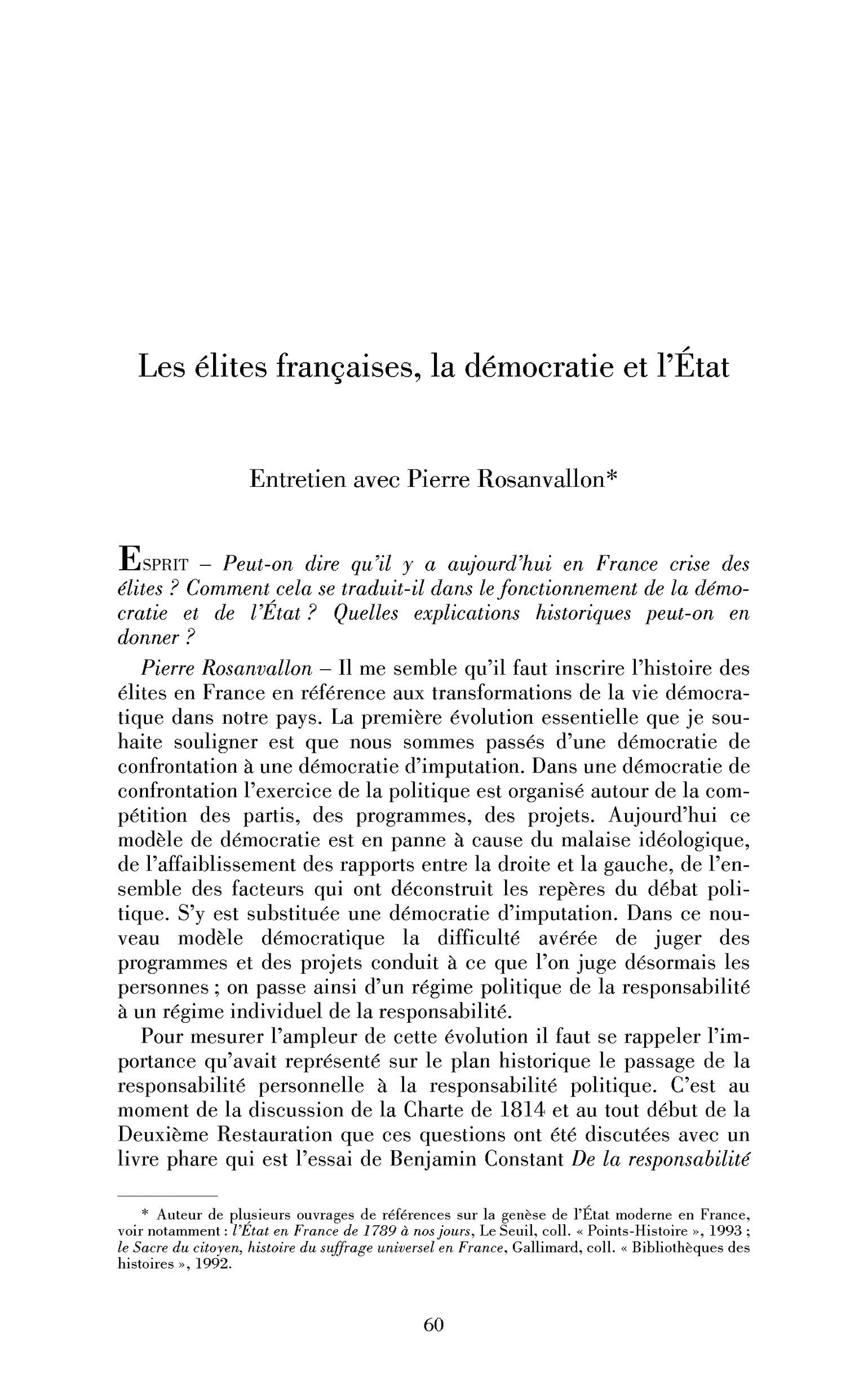 Les élites françaises, la démocratie et l’État. (Entretien)