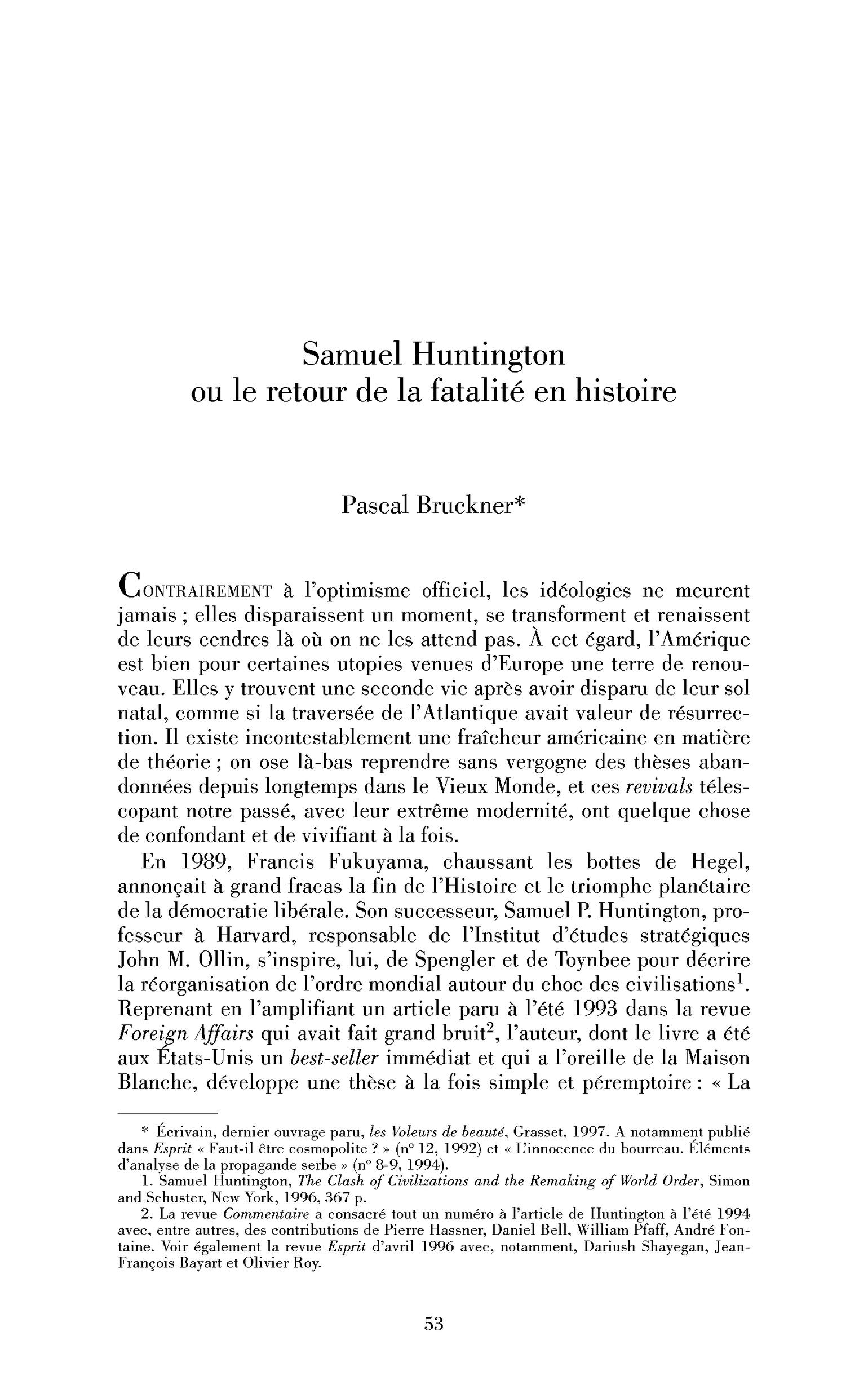 Samuel Huntington ou le retour de la fatalité en histoire