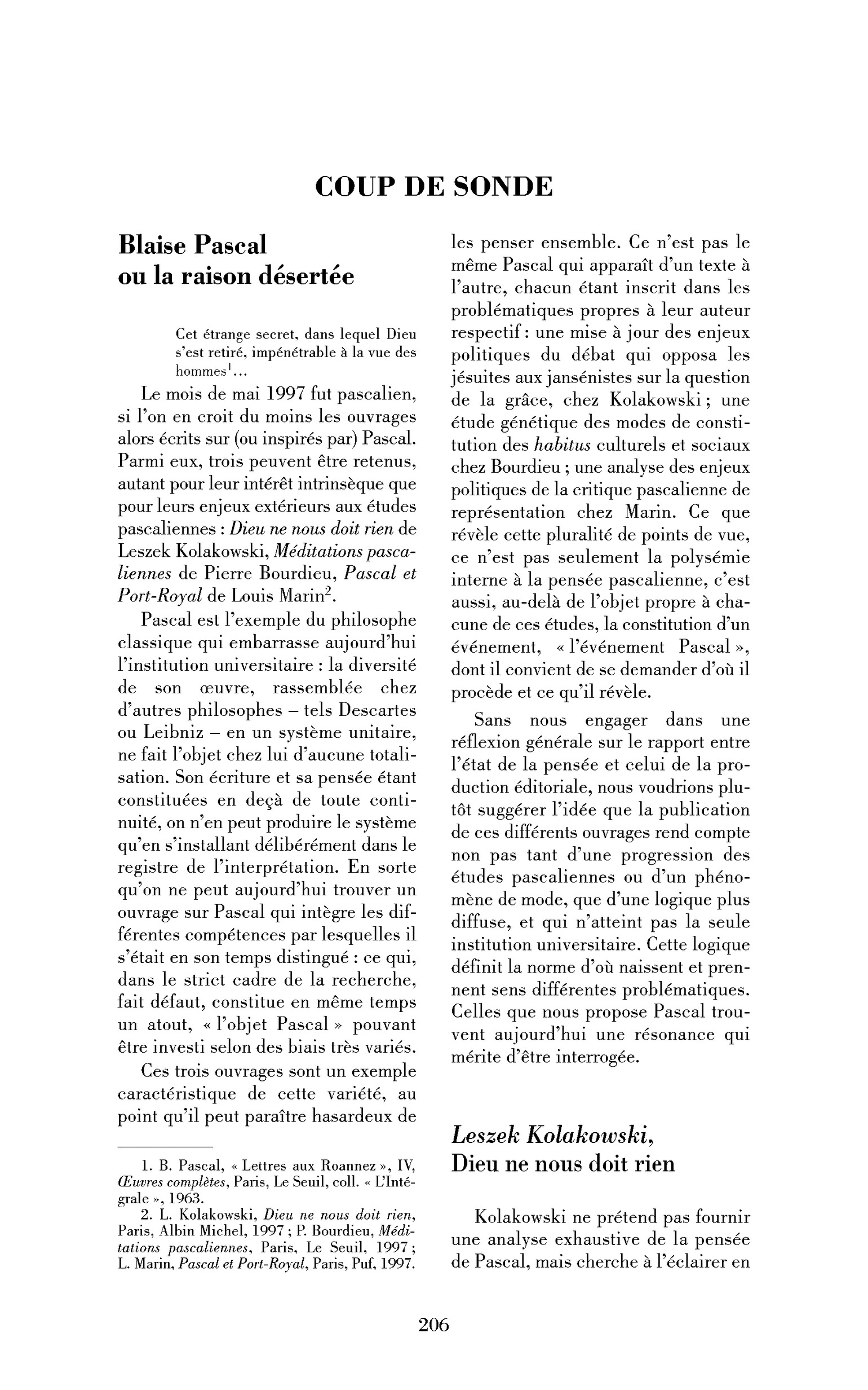 Blaise Pascal ou la raison désertée