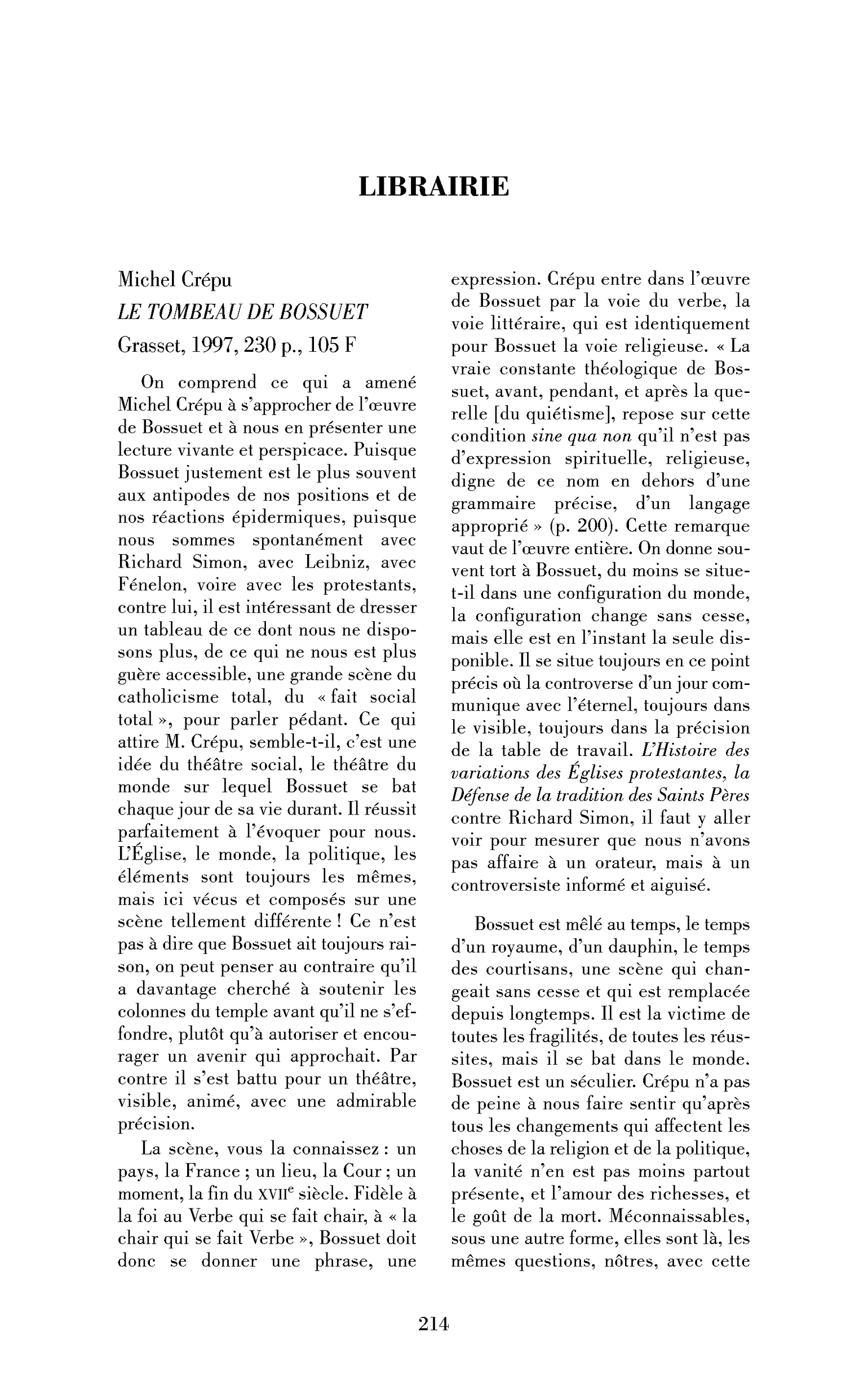 Michel Crépu : le Tombeau de Bossuet