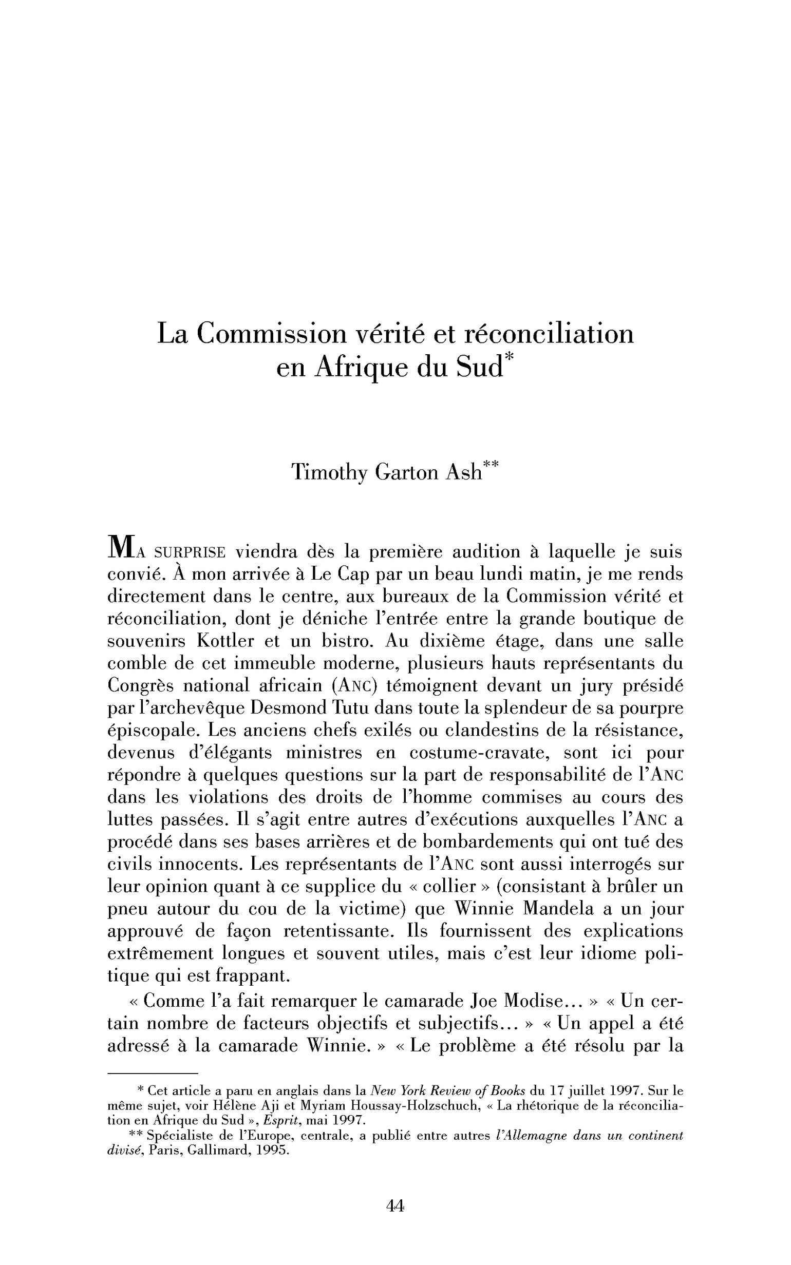 La Commission vérité et réconciliation en Afrique du Sud