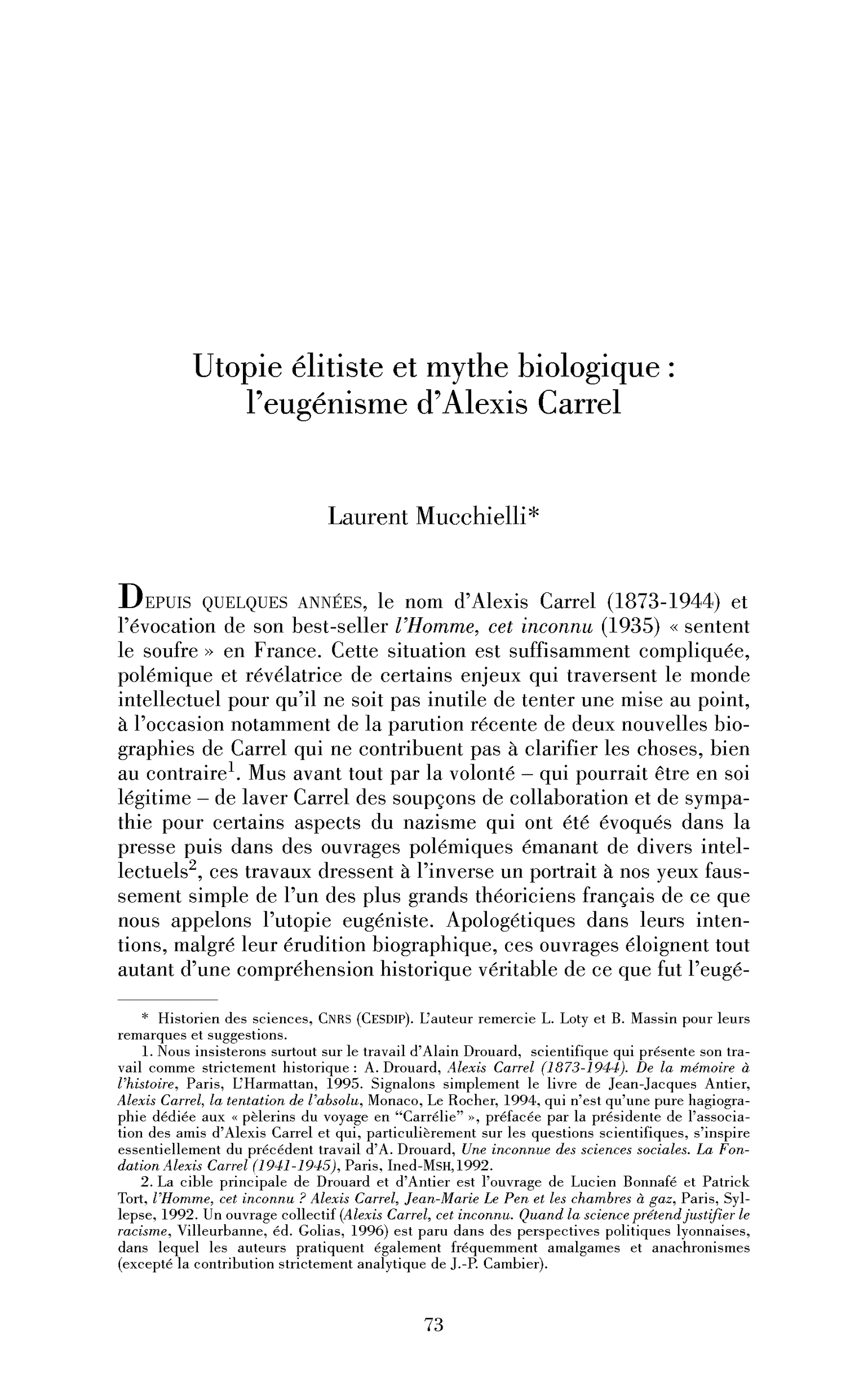 Utopie élitiste et mythes biologiques : l’eugénisme d’Alexis Carrel