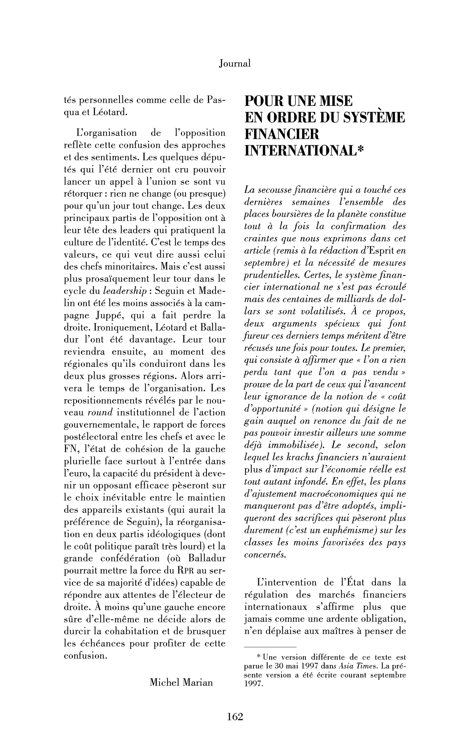 Pour une mise en ordre du système financier international