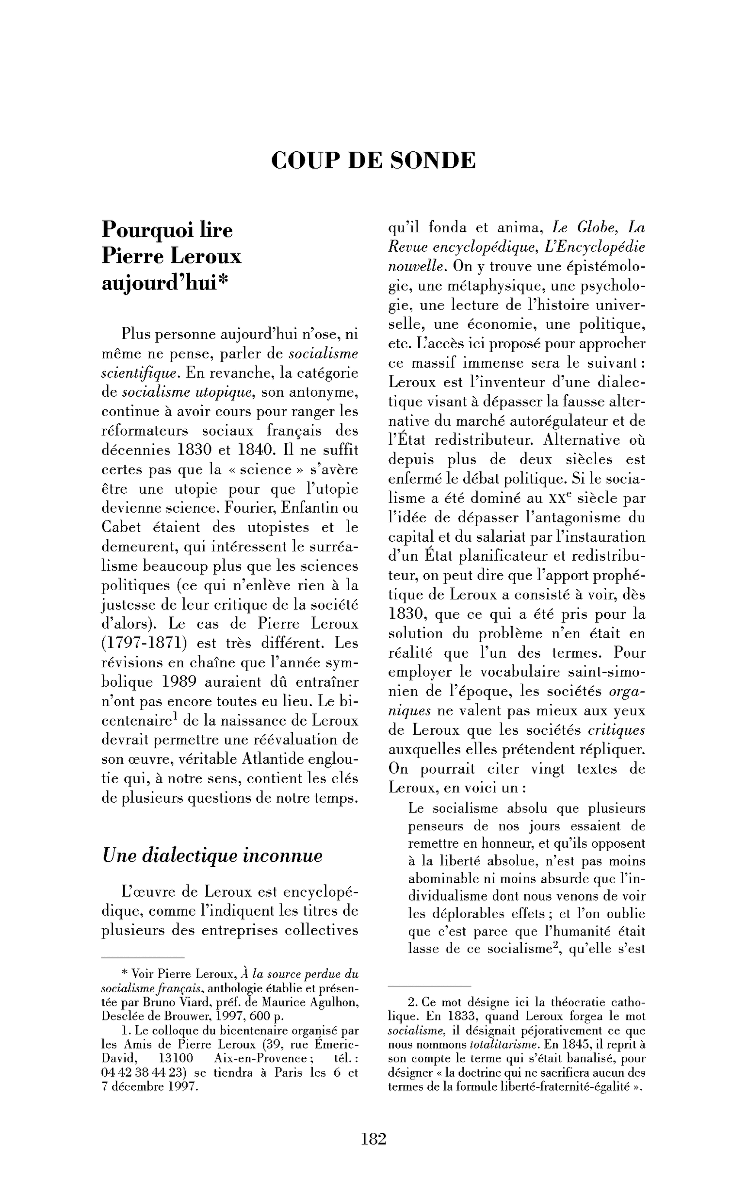 Pourquoi lire Pierre Leroux aujourd’hui?