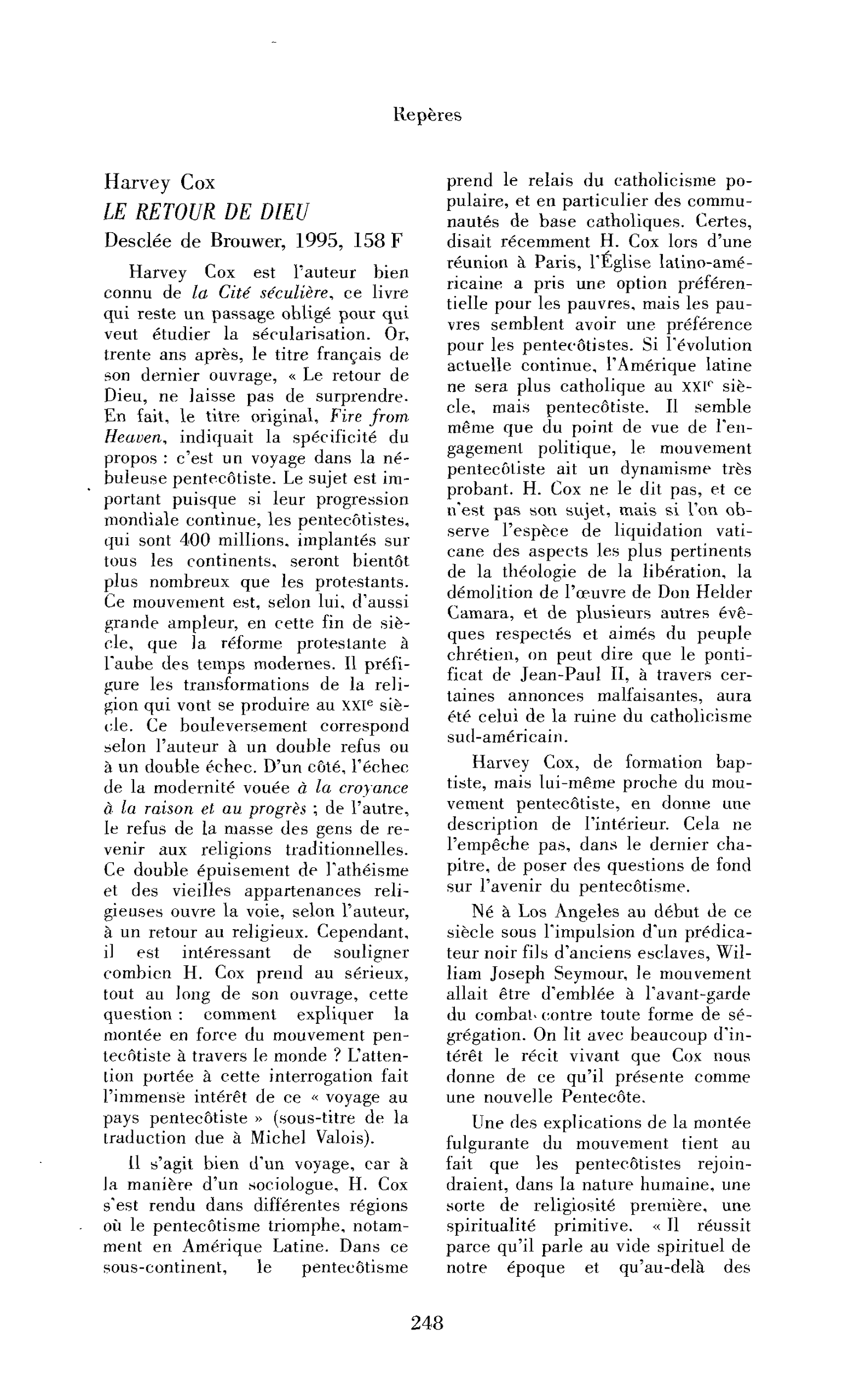 Harvey Cox : le Retour de Dieu