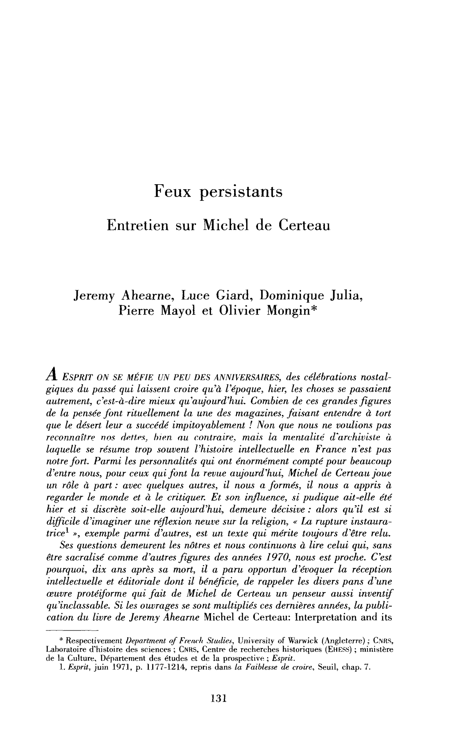 Michel de Certeau : Feux persistants. (Discussion)
