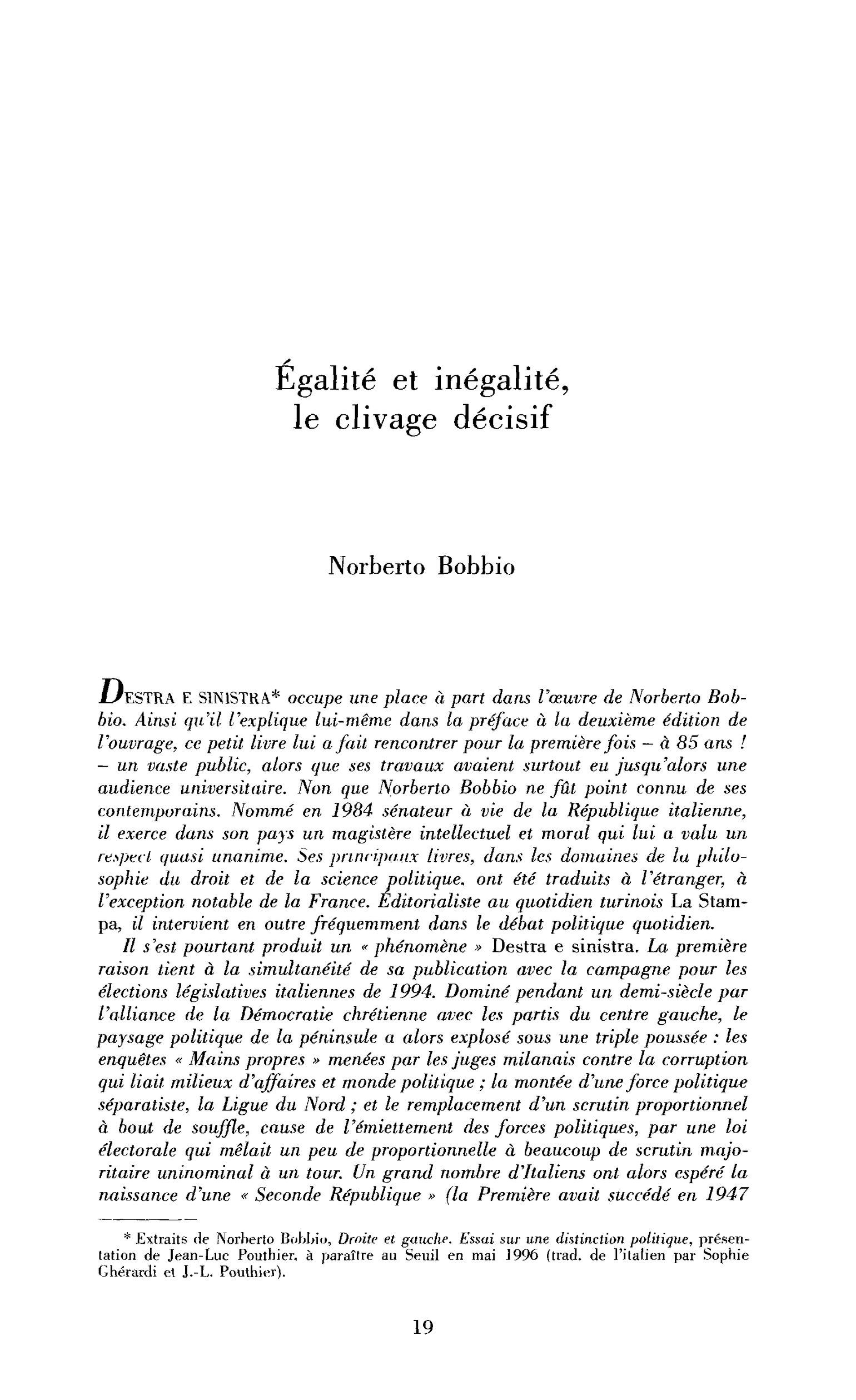 Égalité et inégalité, le clivage décisif