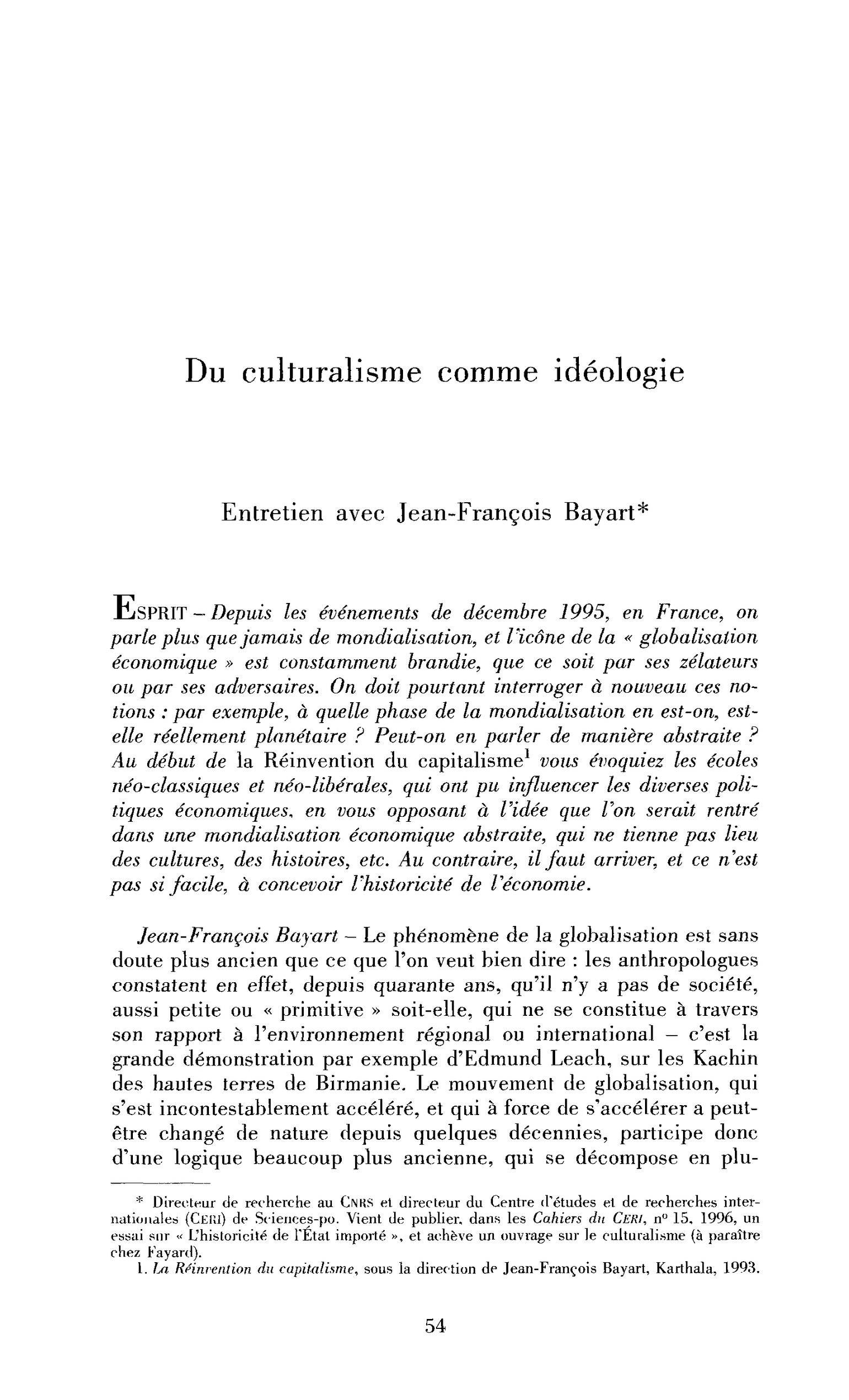 Du culturalisme comme idéologie. (Entretien)