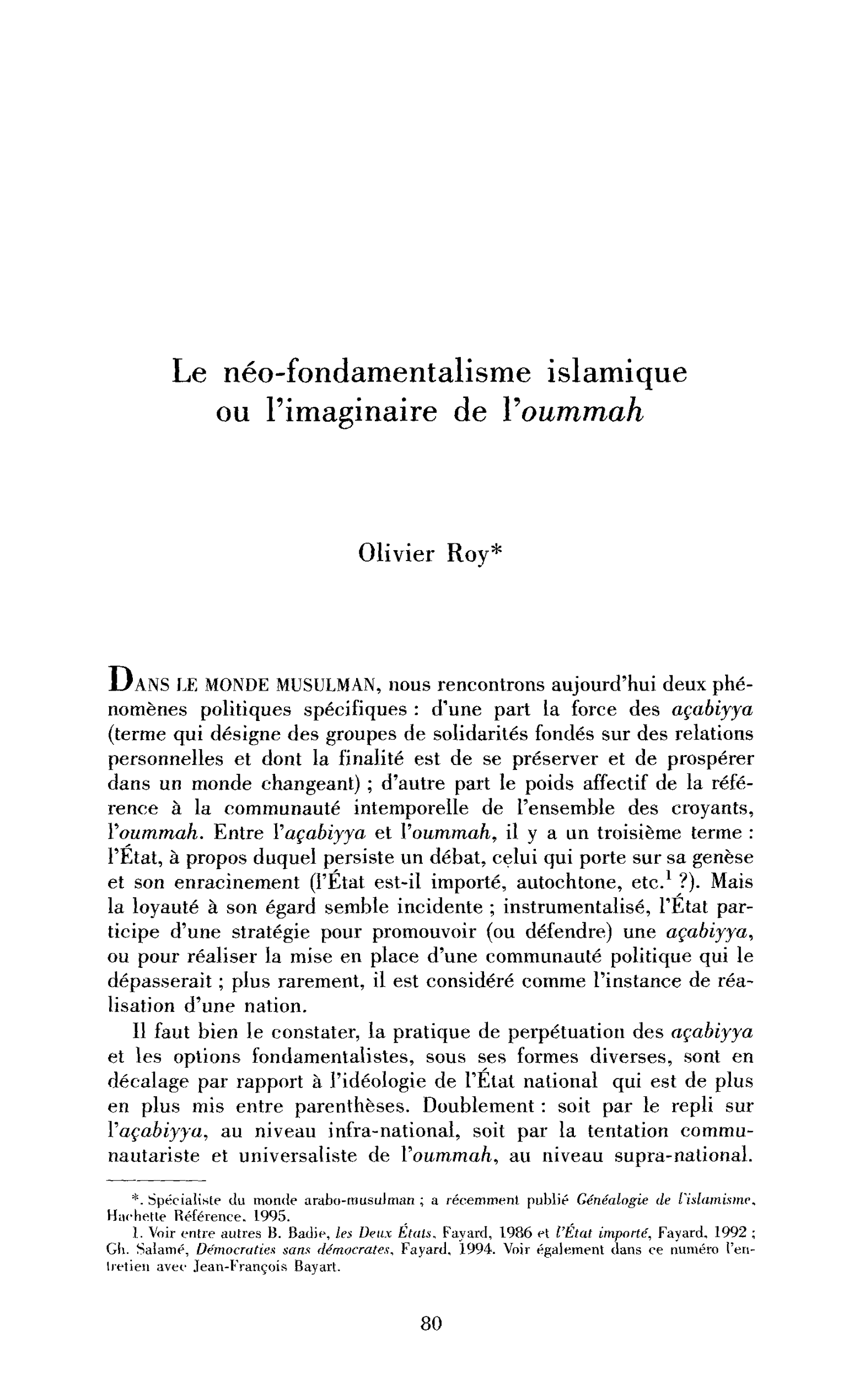 Le néo-fondamentalisme islamique ou l’imaginaire de l’oummah