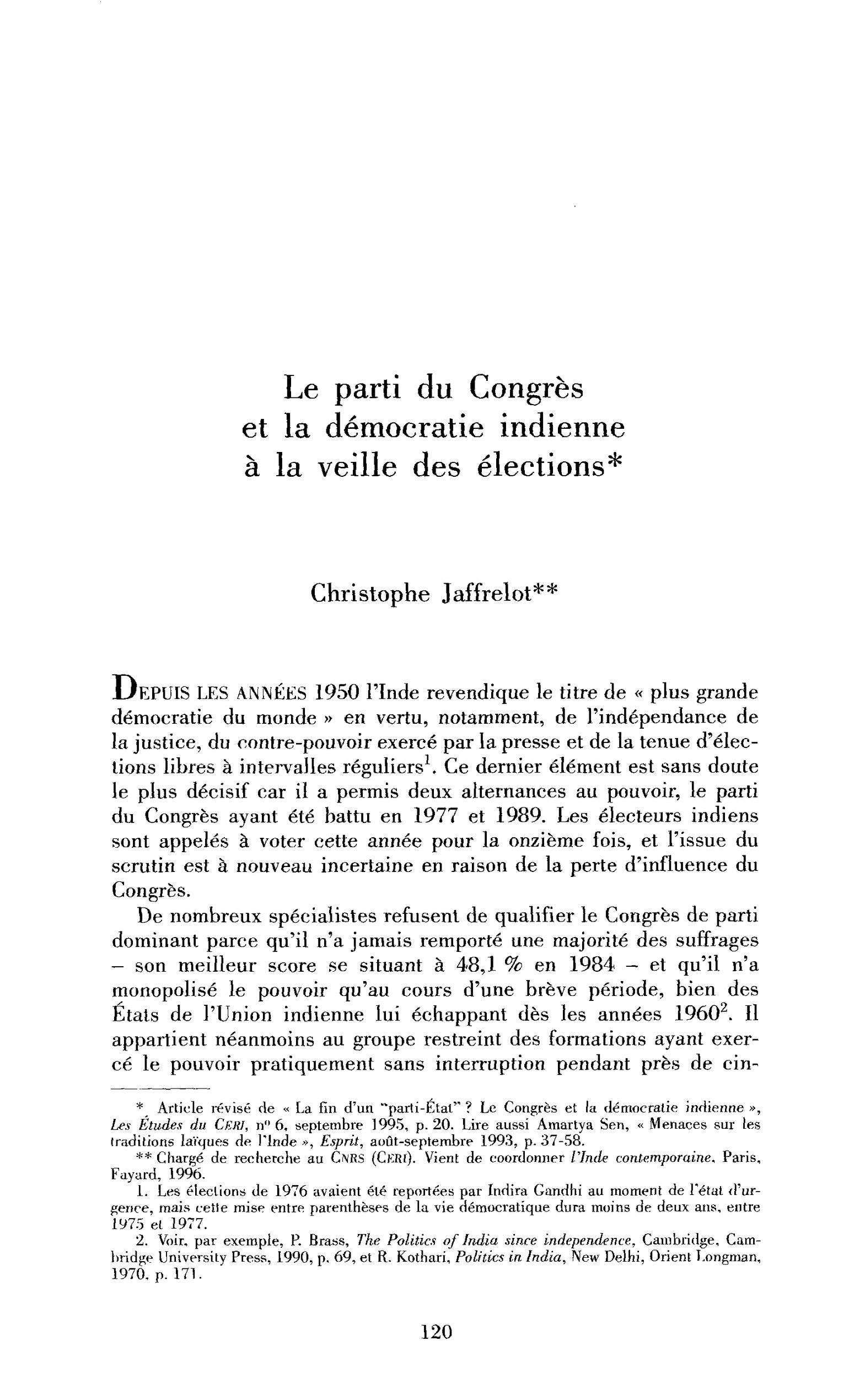 Le Parti du Congrès et la démocratie indienne à la veille des élections
