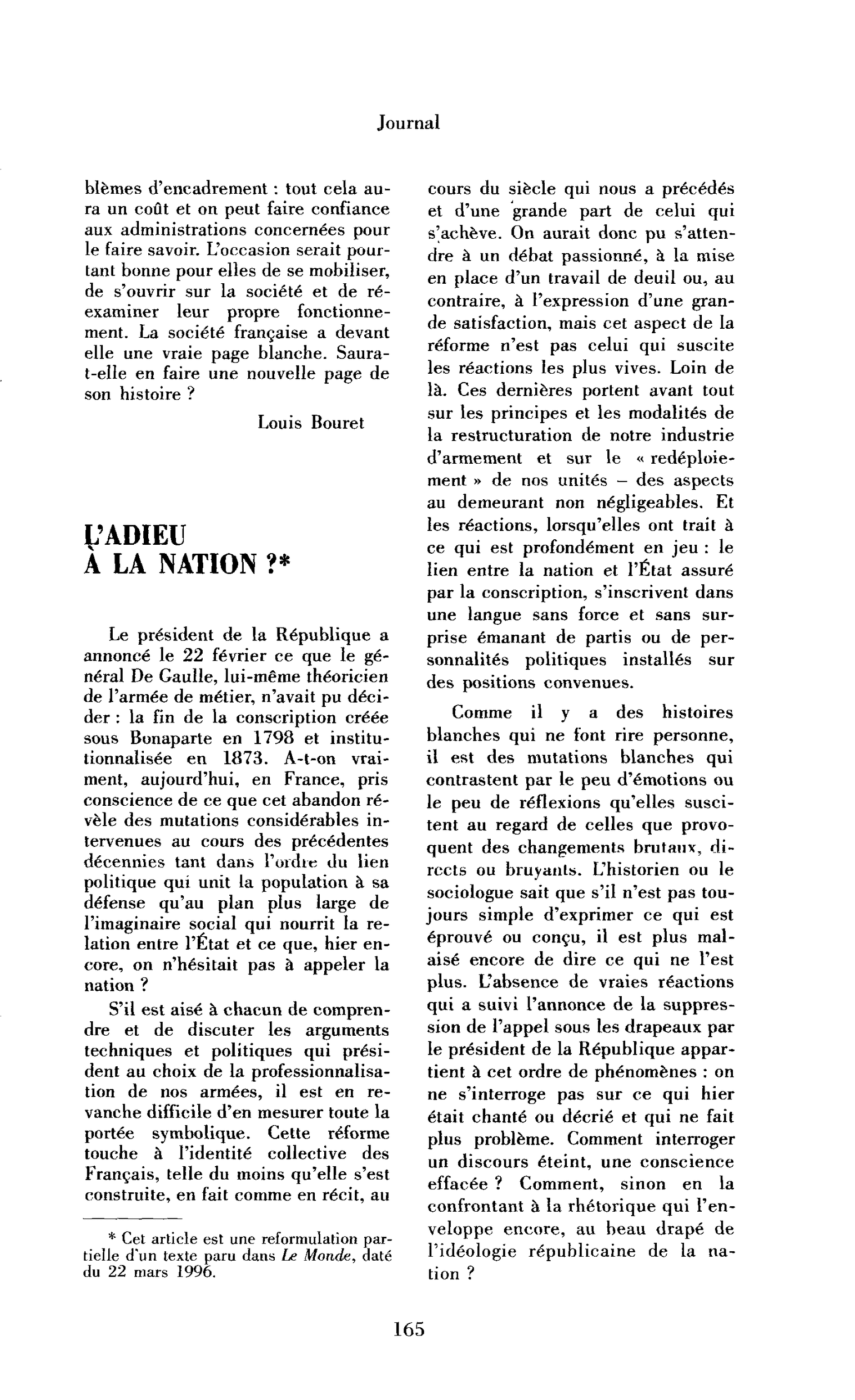 L’adieu à la Nation (débat autour du service national)