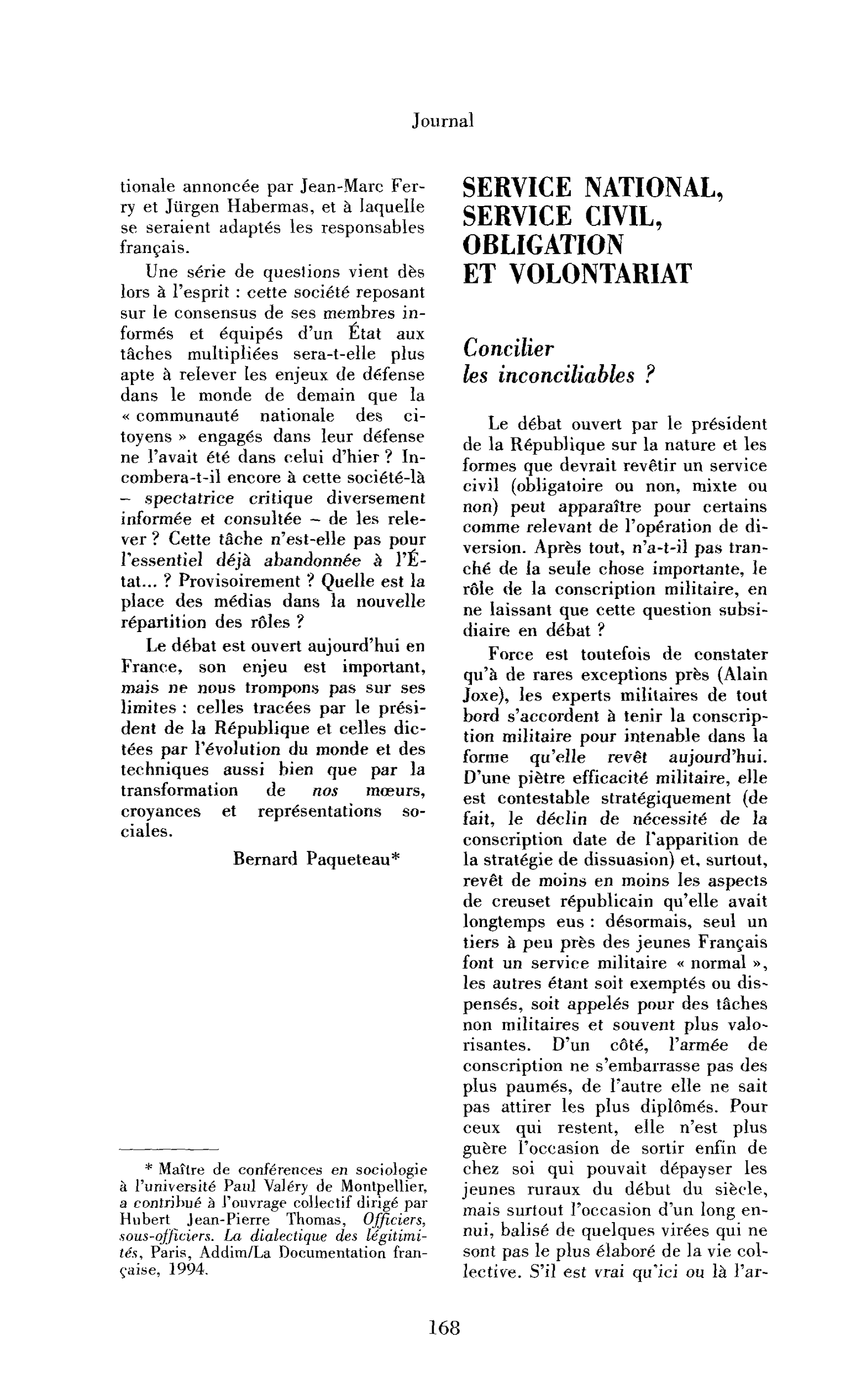 Service national, service civil, obligation et volontariat
