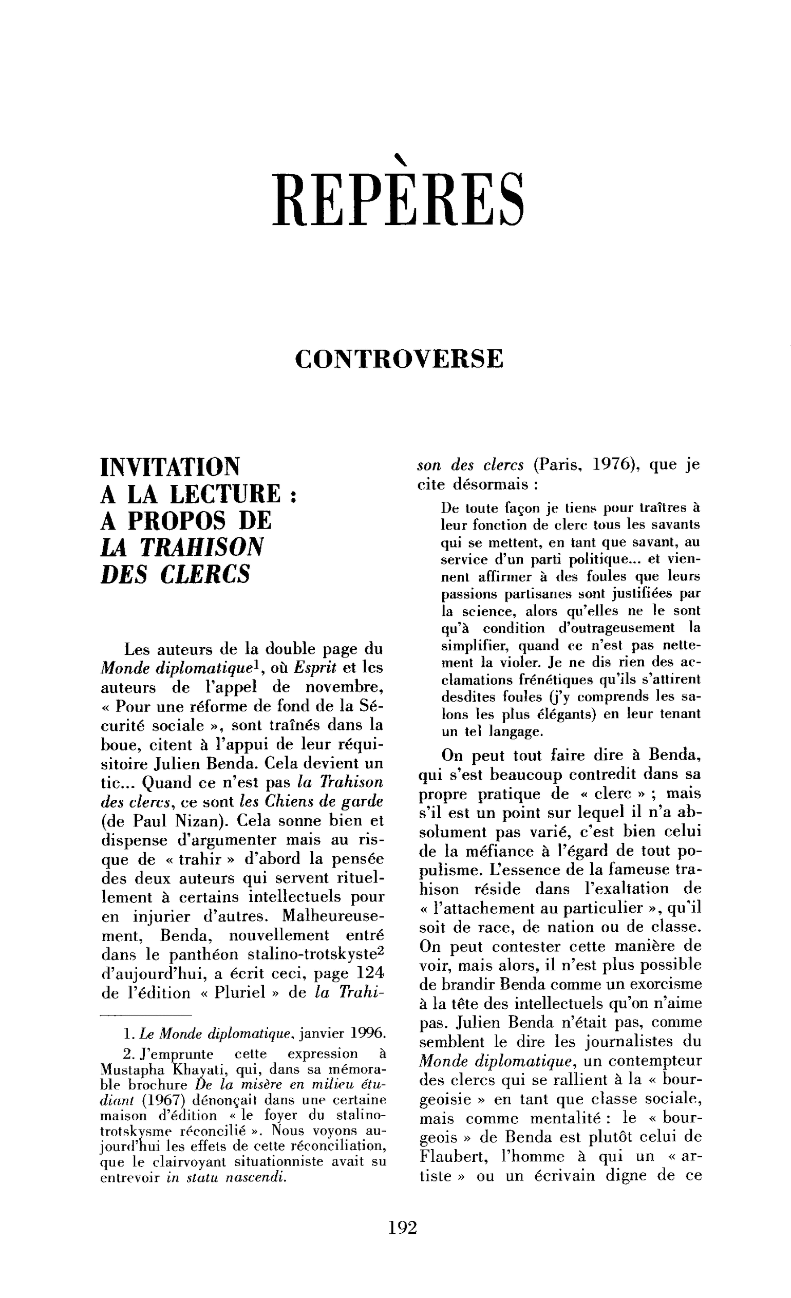 Invitation à la lecture : à propos de la Trahison des clercs
