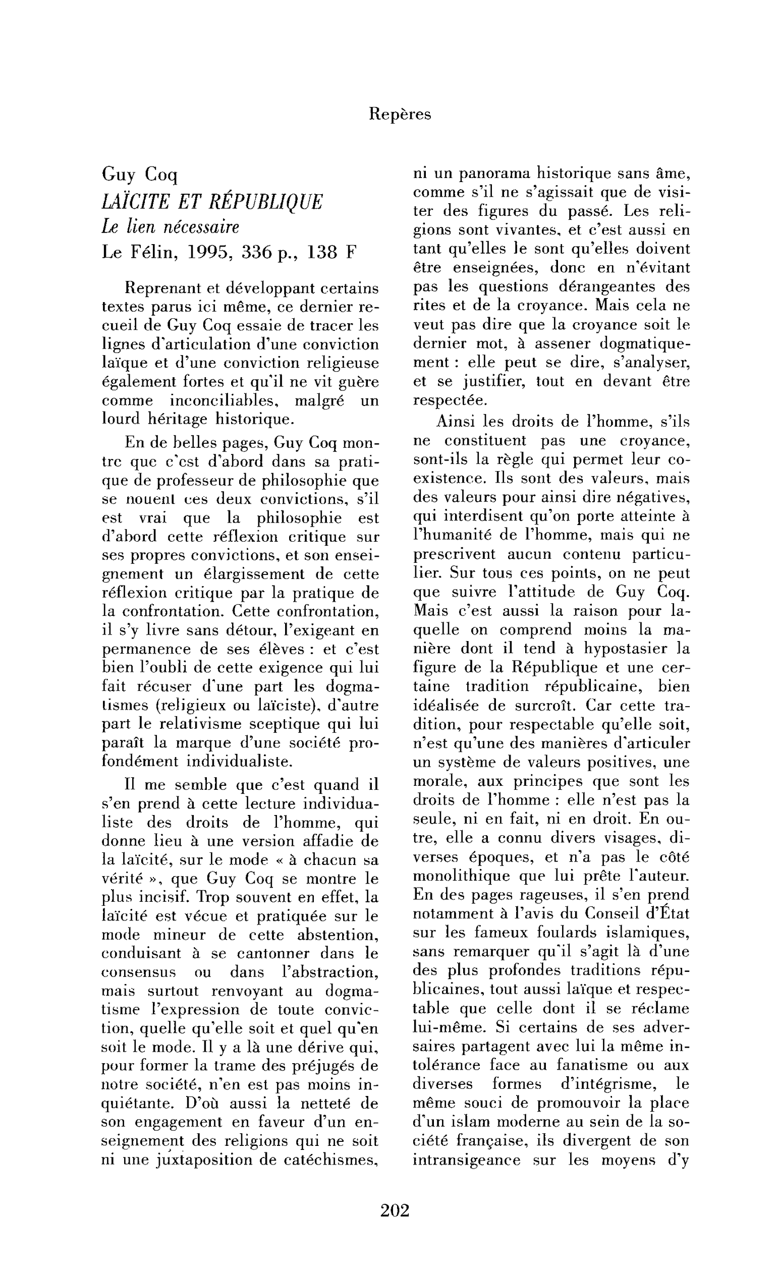 Guy Coq : Laïcité et république. Le lien nécessaire