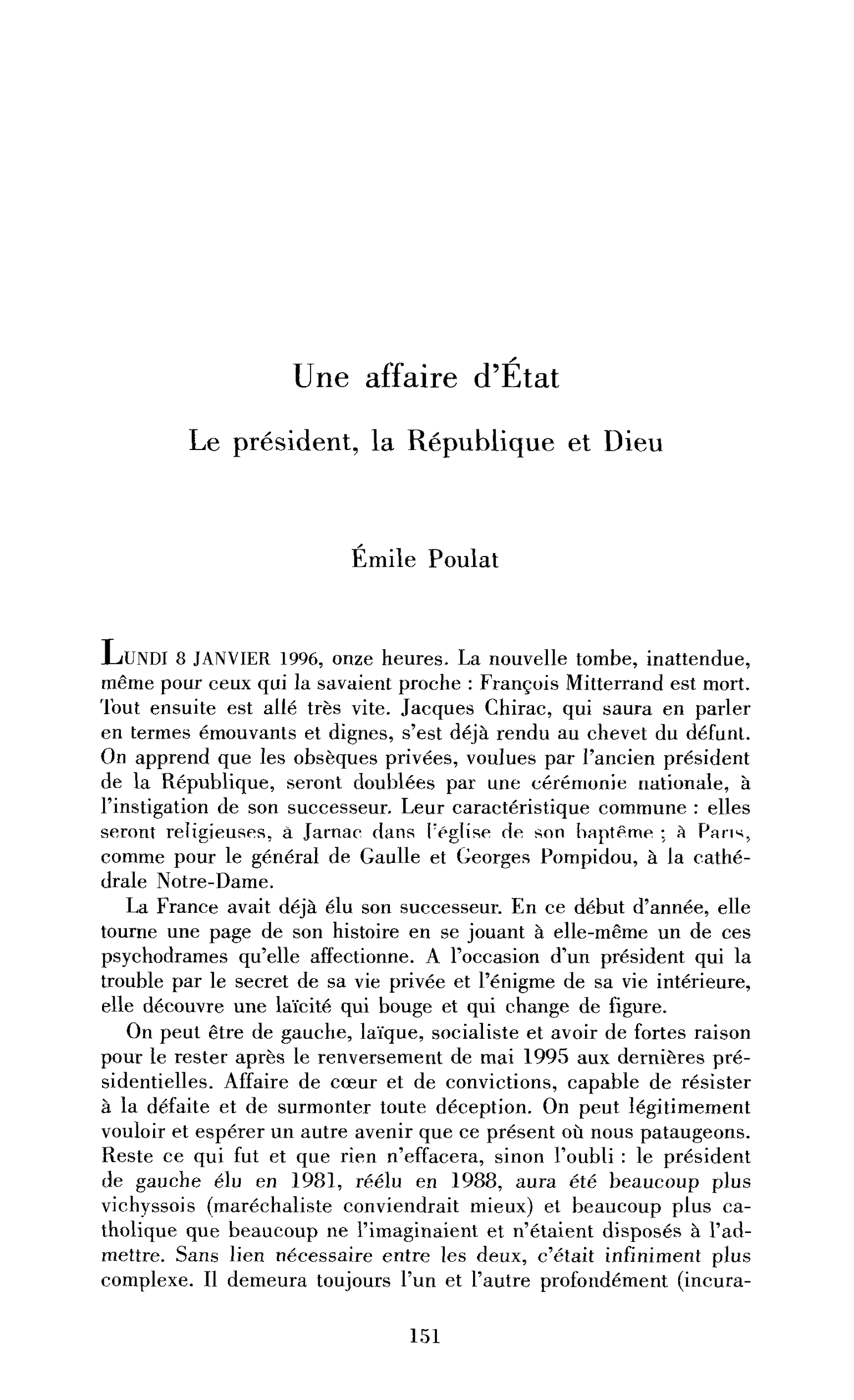 Une affaire d’État : le président, la République et Dieu