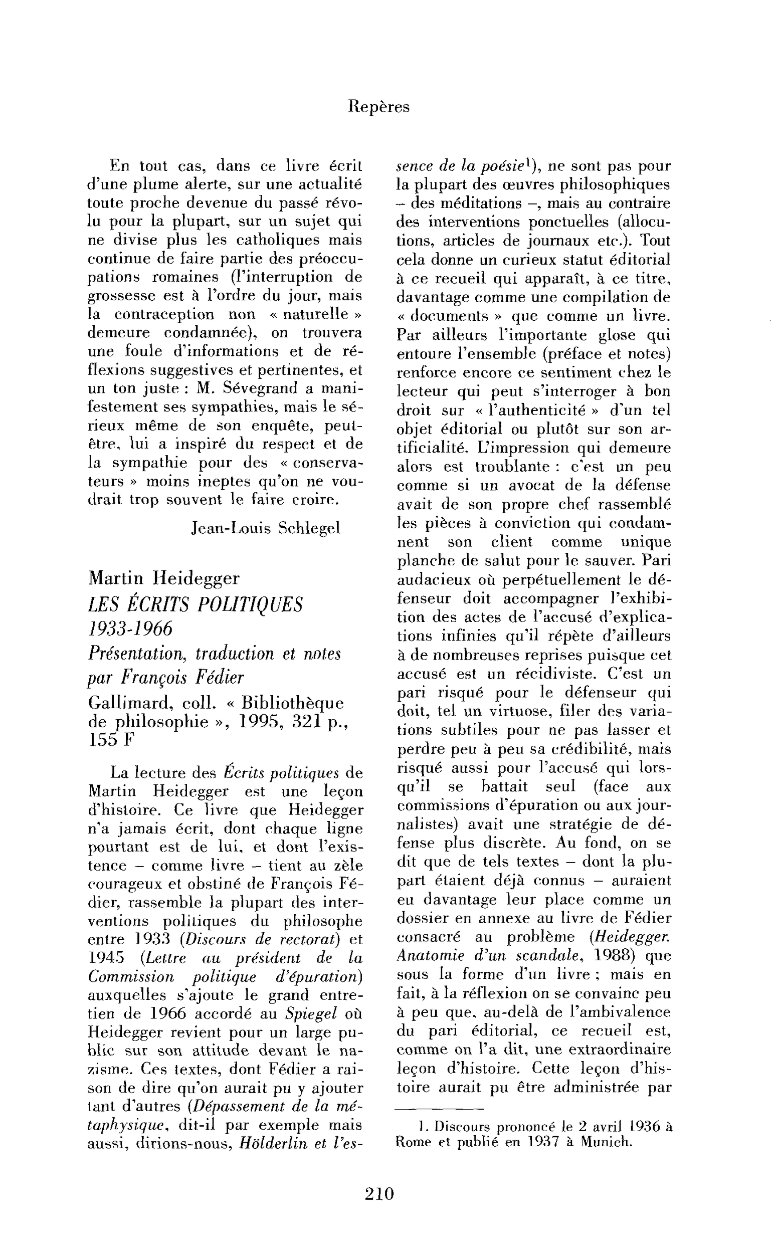 Martin Heidegger : les Écrits politiques 1933-1966. Présentation, traduction et notes par François Fédier