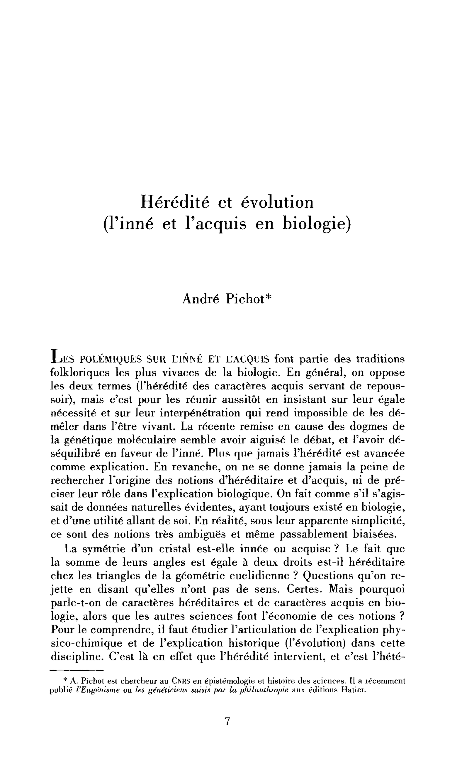 Hérédité et évolution (l’inné et l’acquis en biologie)