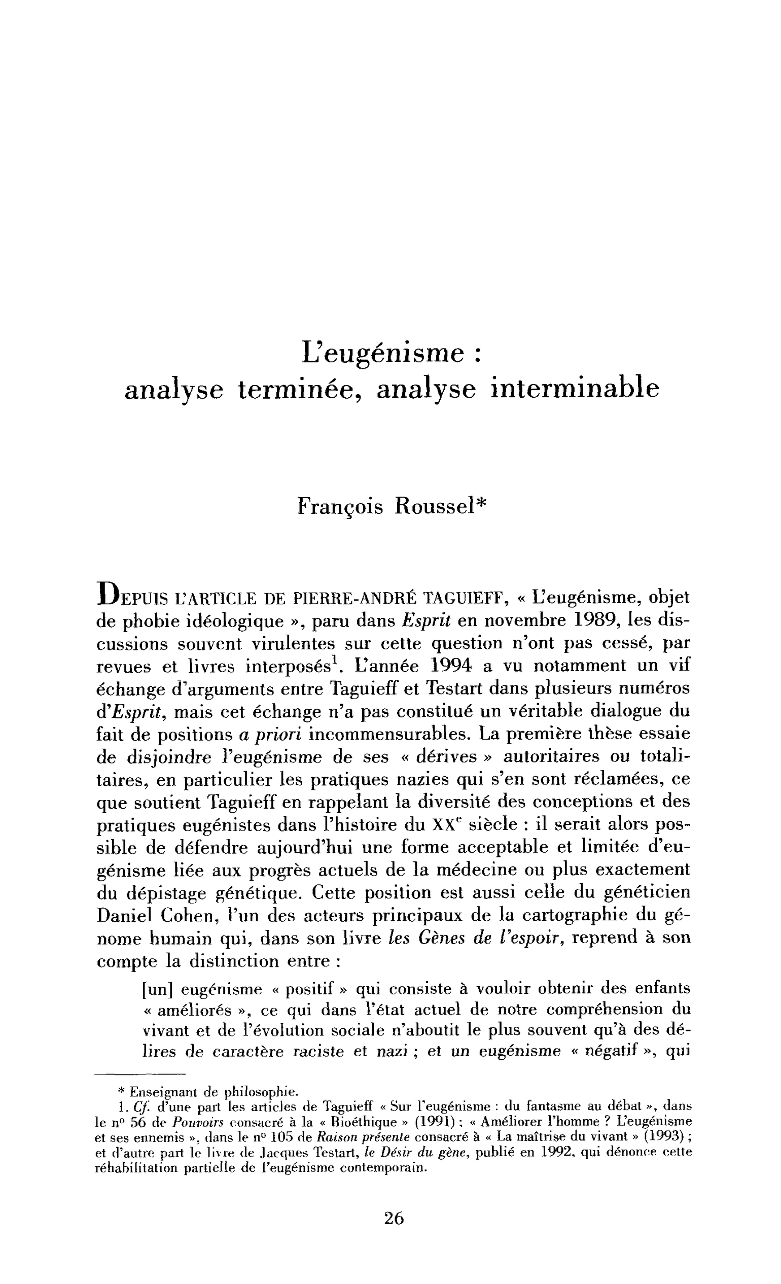 L’eugénisme : analyse terminée, analyse interminable