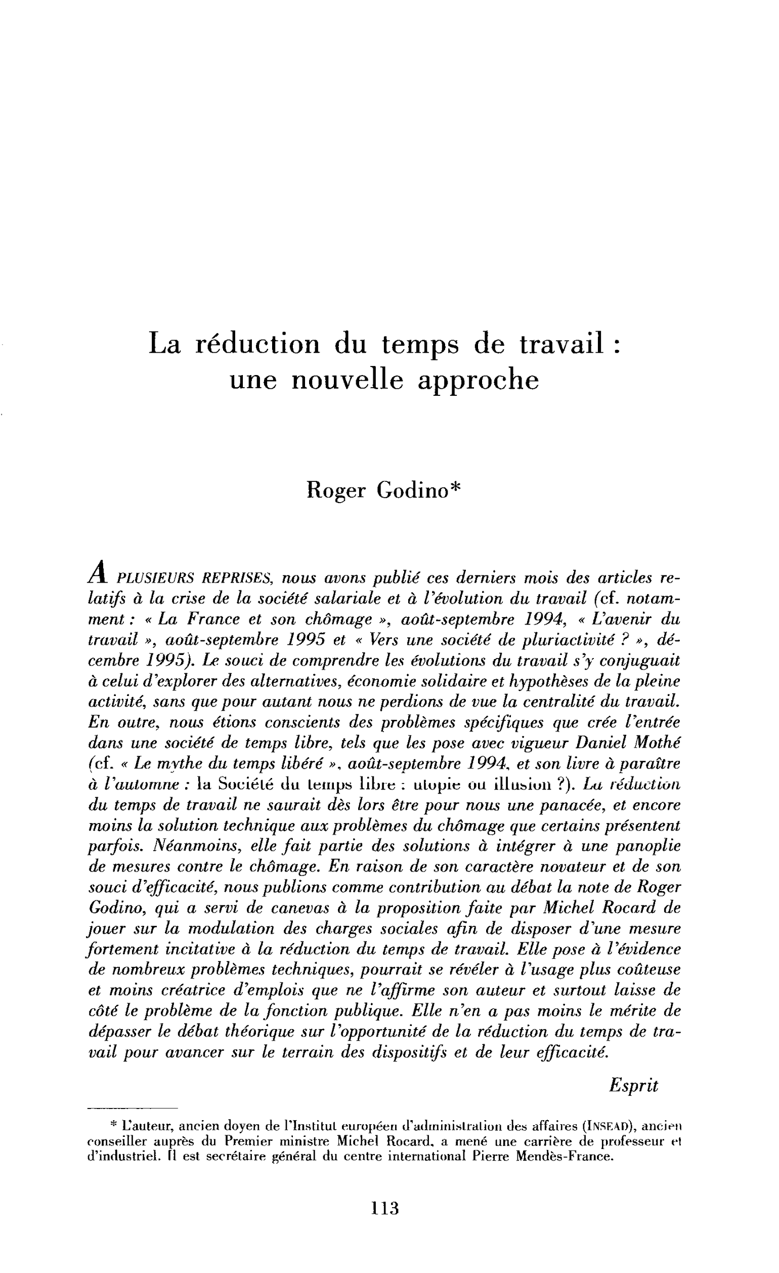 La réduction du temps de travail : une nouvelle approche