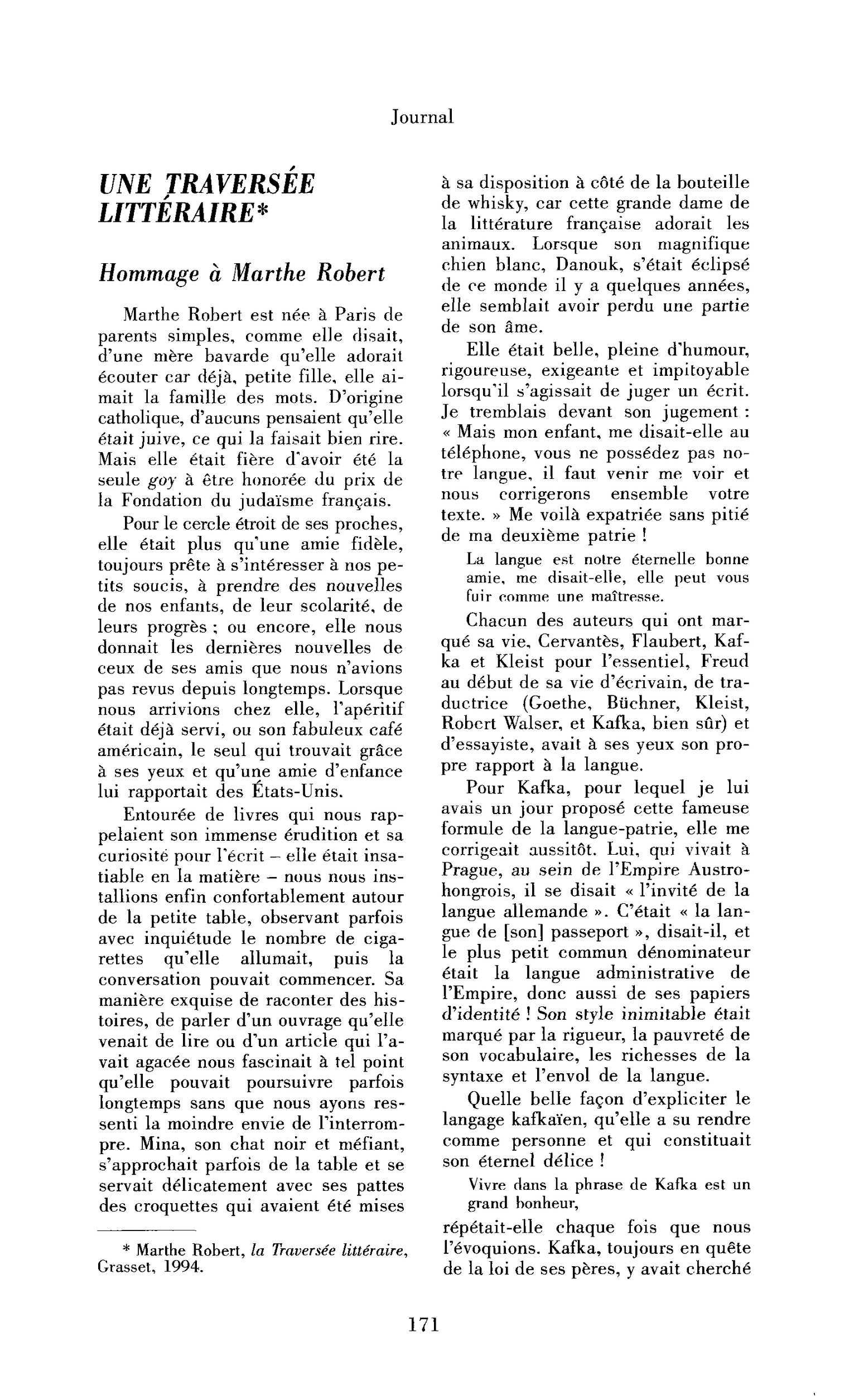 Une traversée littéraire. Hommage à Marthe Robert
