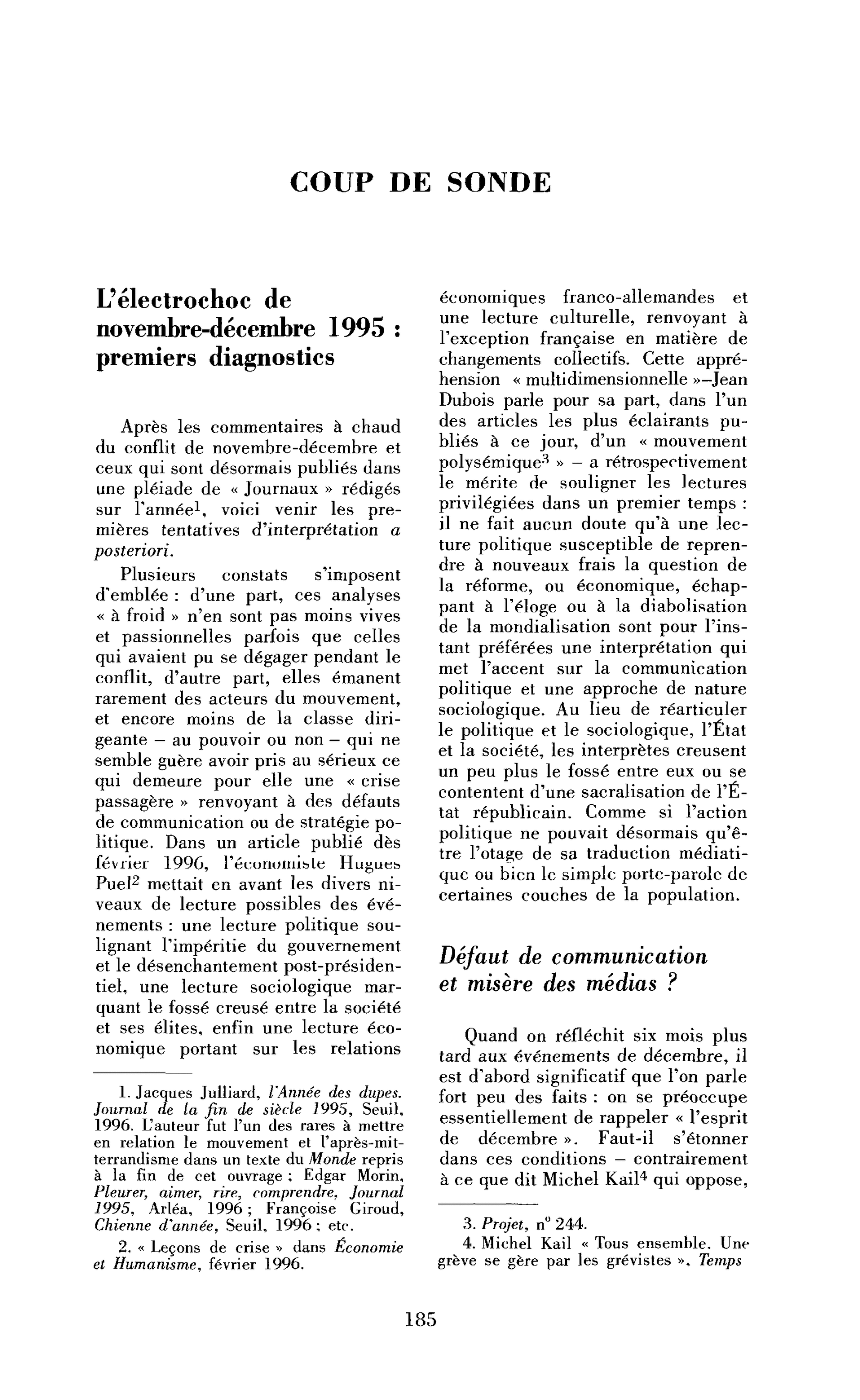 L’électrochoc de novembre-décembre 1995, premiers diagnostics