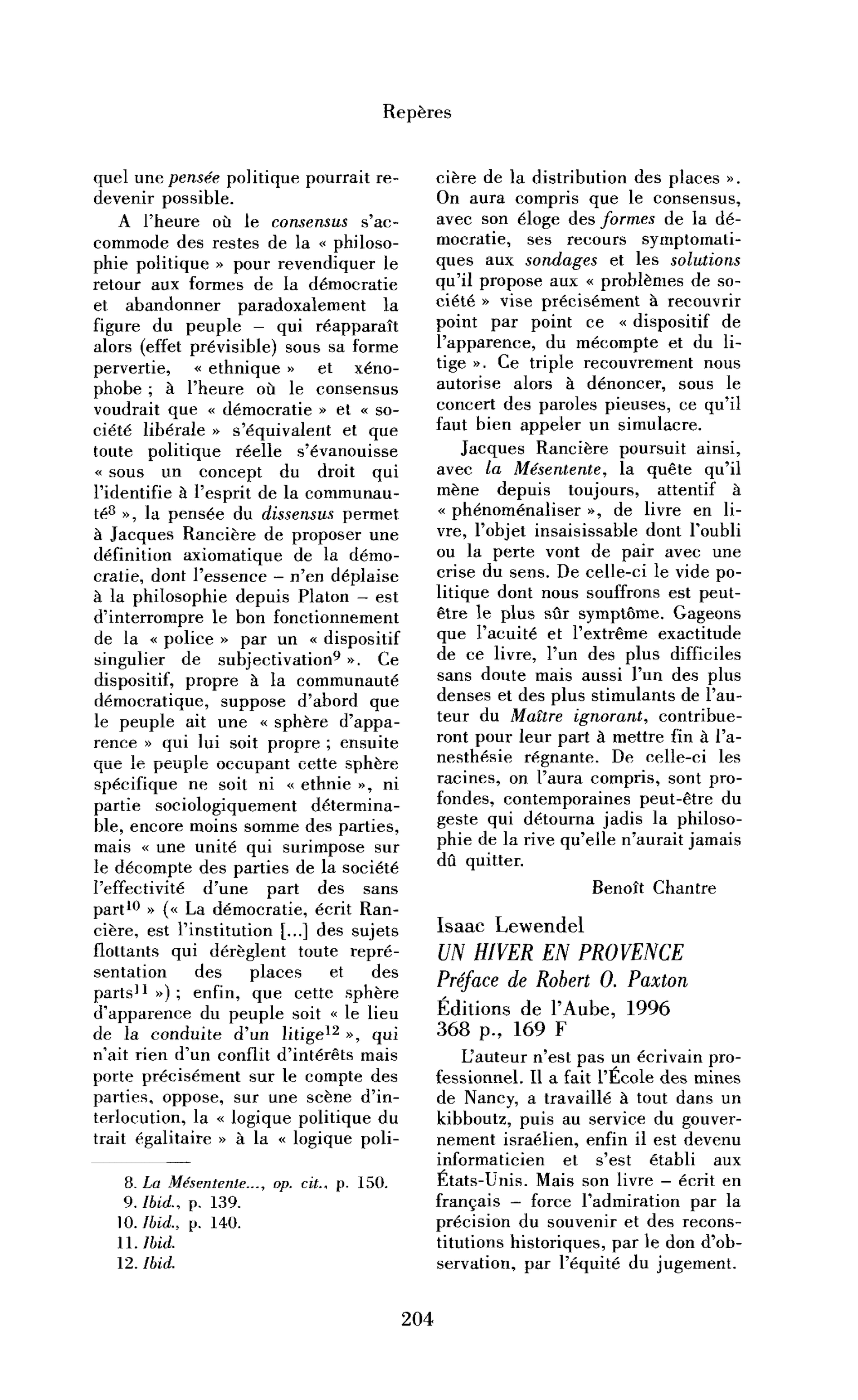 Isaac Lewendel : Un hiver en Provence. Préface de Robert O. Paxton