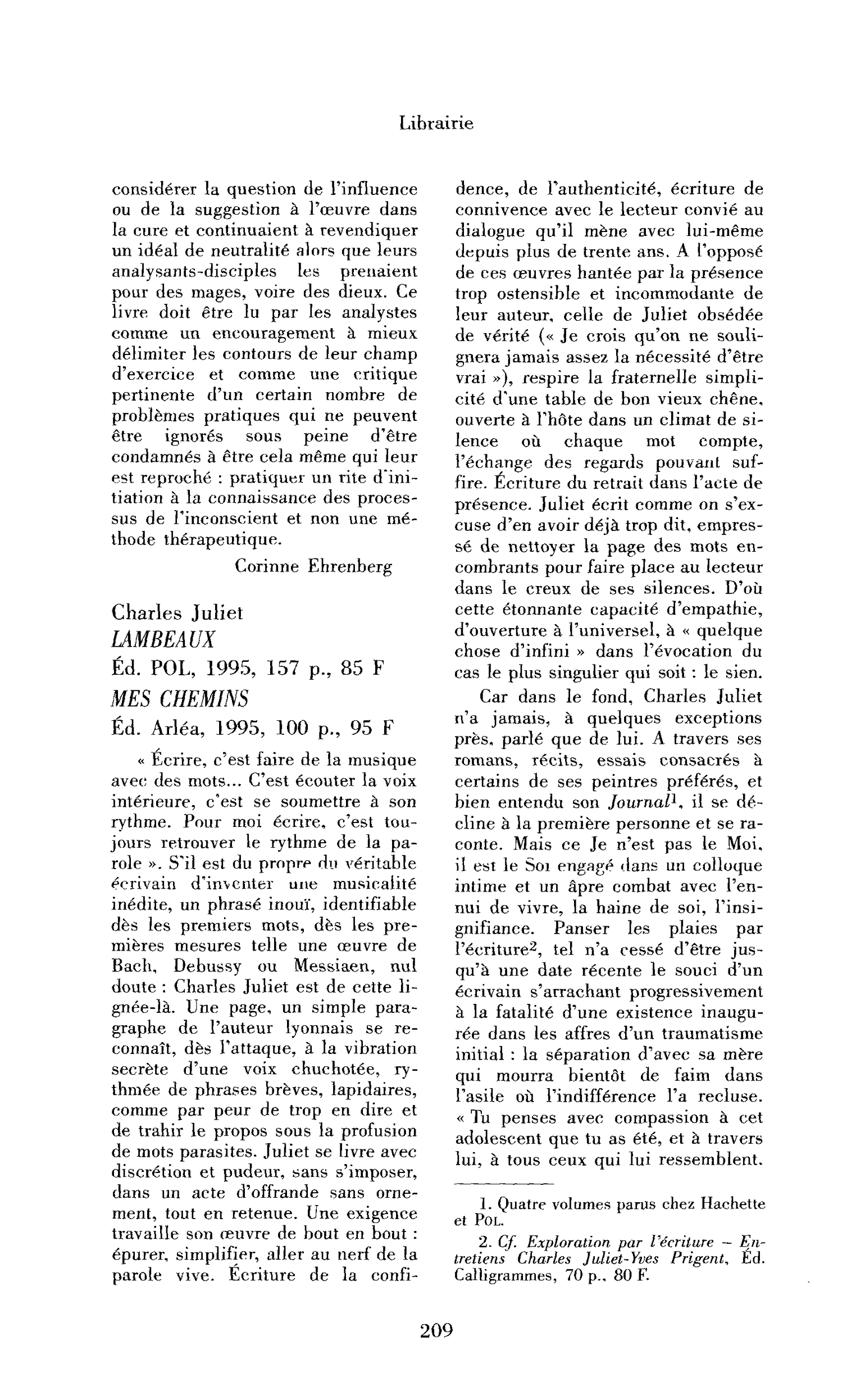 « Charles Juliet : Lambeaux ; Mes chemins »
