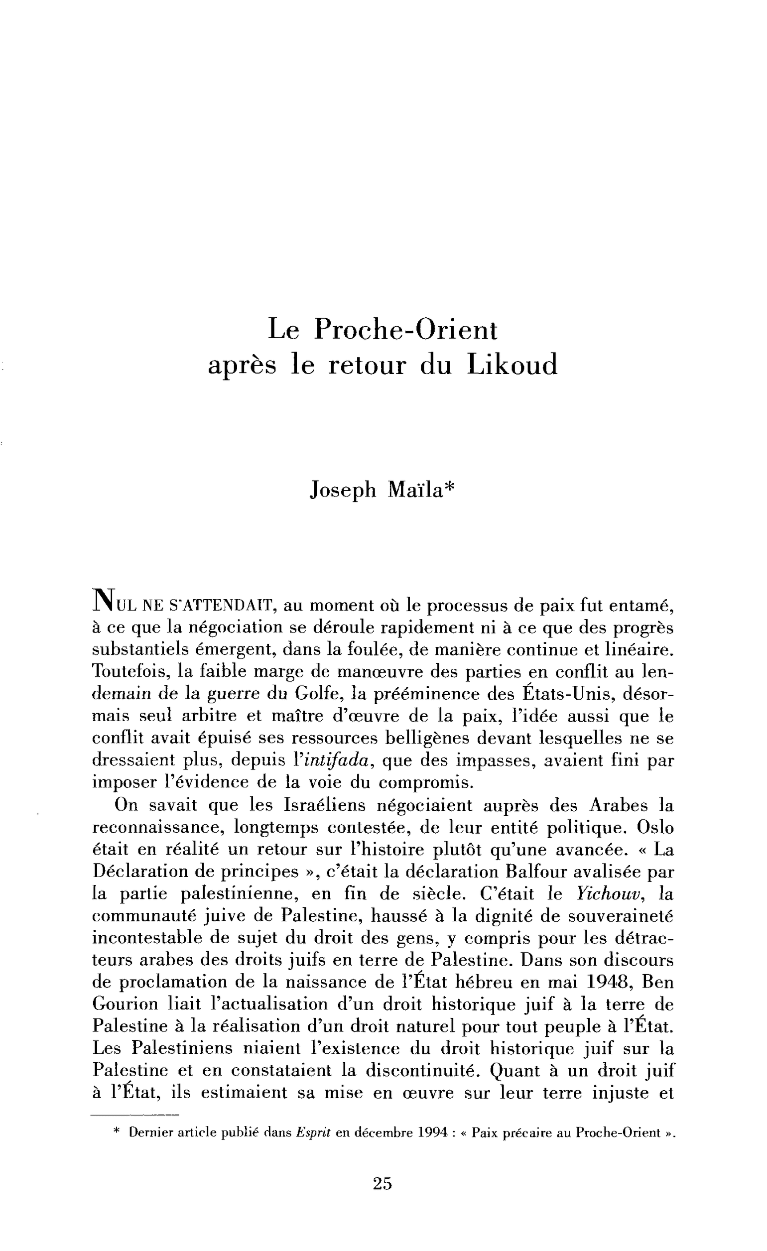 Le Proche-Orient après le retour du Likoud